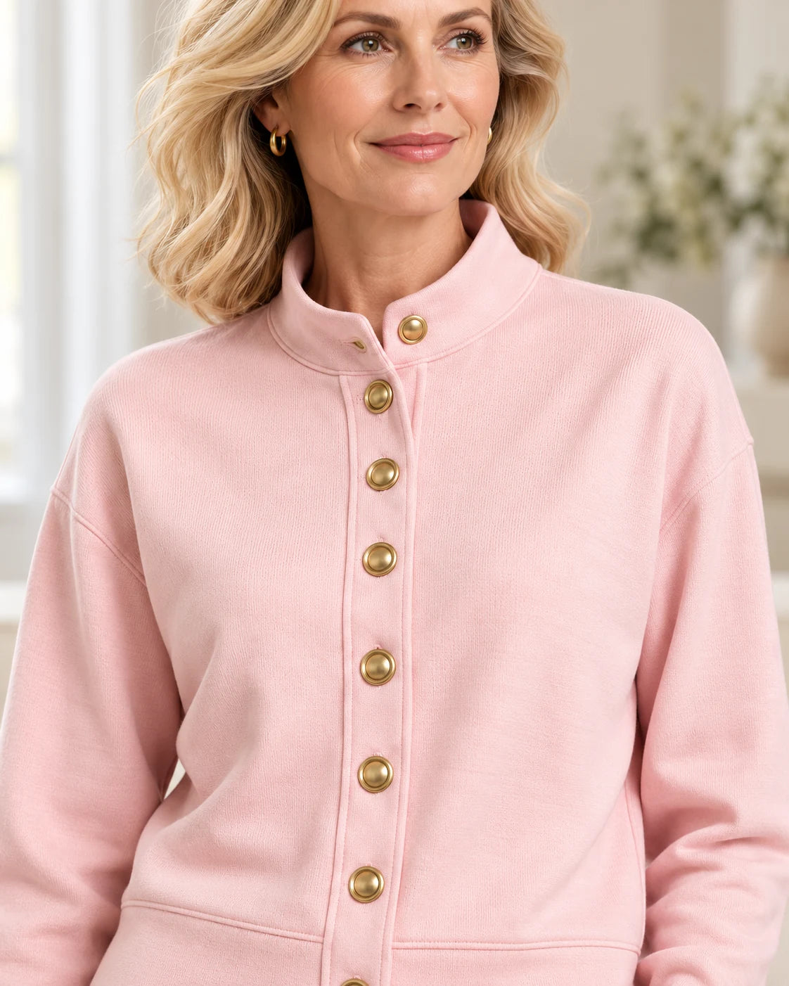 Valerie Strickjacke Rosa – Stehkragen und goldfarbene Knöpfe im Detail | FormaLuxe