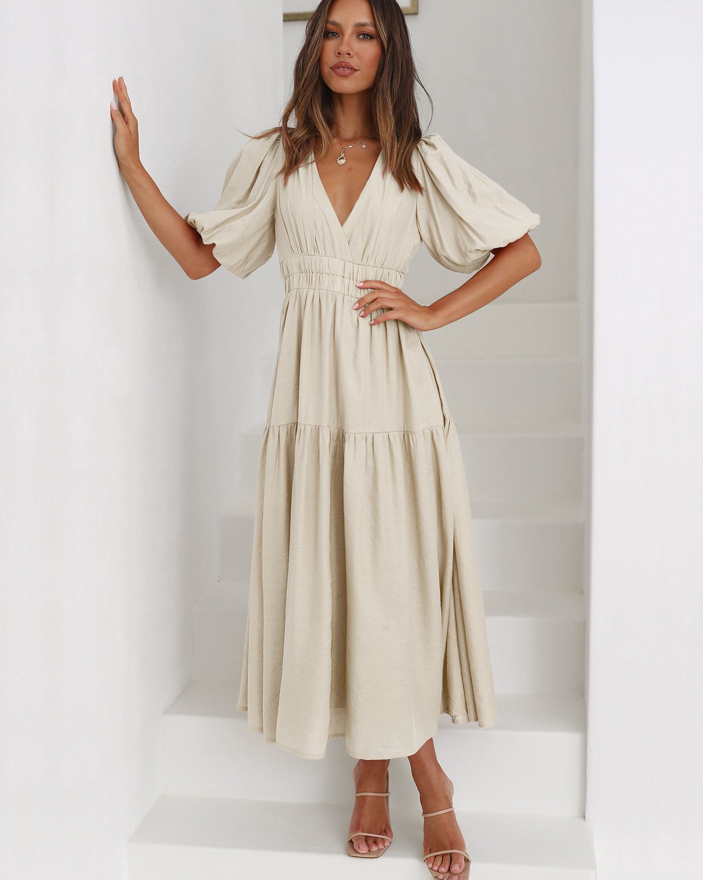 Bethany | Kleid mit Puffärmeln Creme | FormaLuxe