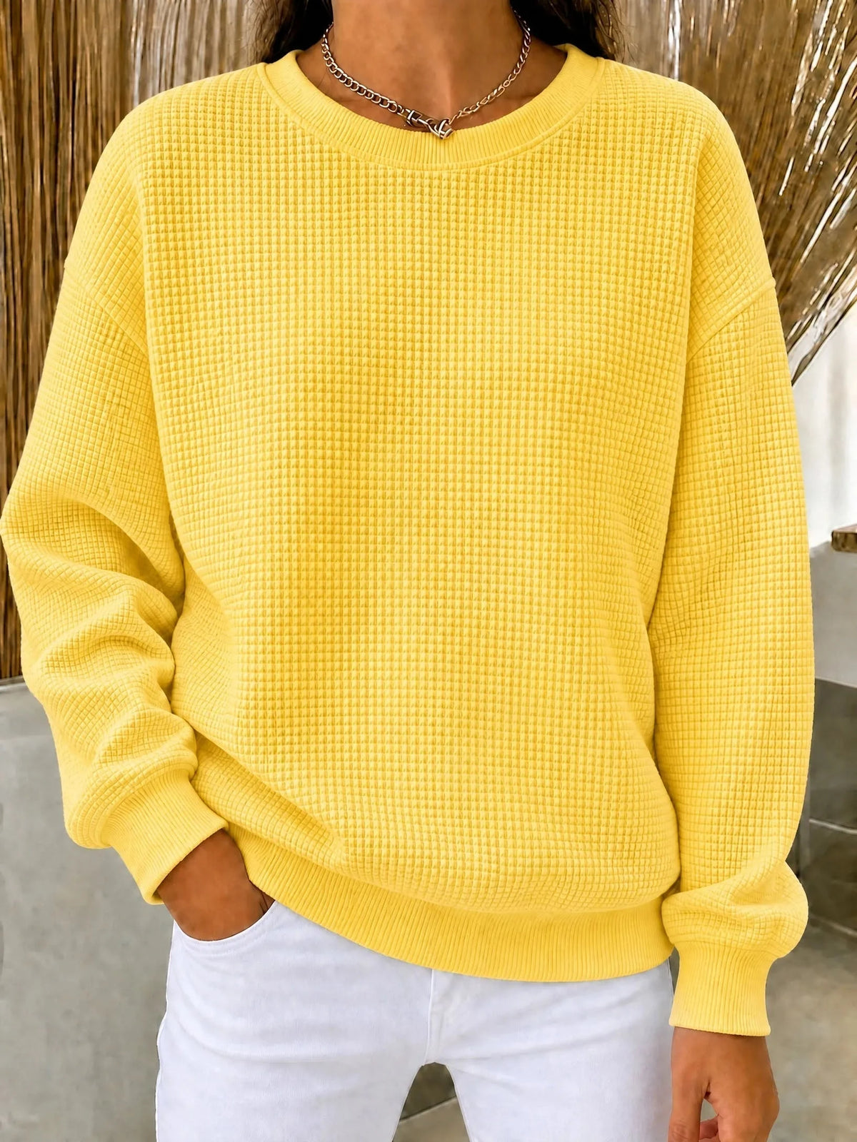 Waffelstrick-Pullover Damen Mila in Gelb – Waffelstruktur und Rundhalsausschnitt | FormaLuxe