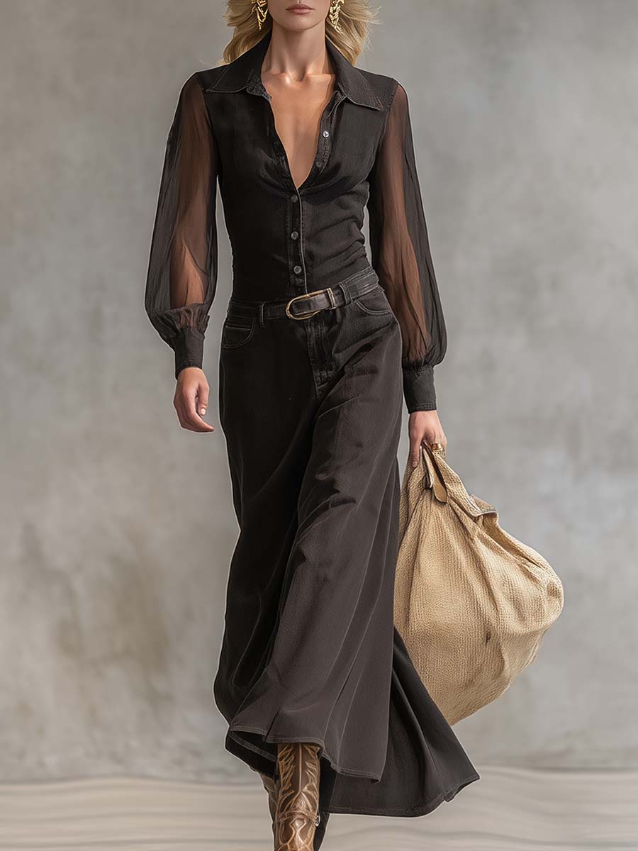 Denim-Maxikleid in Schwarz — V-Ausschnitt, lange Ärmel Black – Maxi Dresses | FormaLuxe