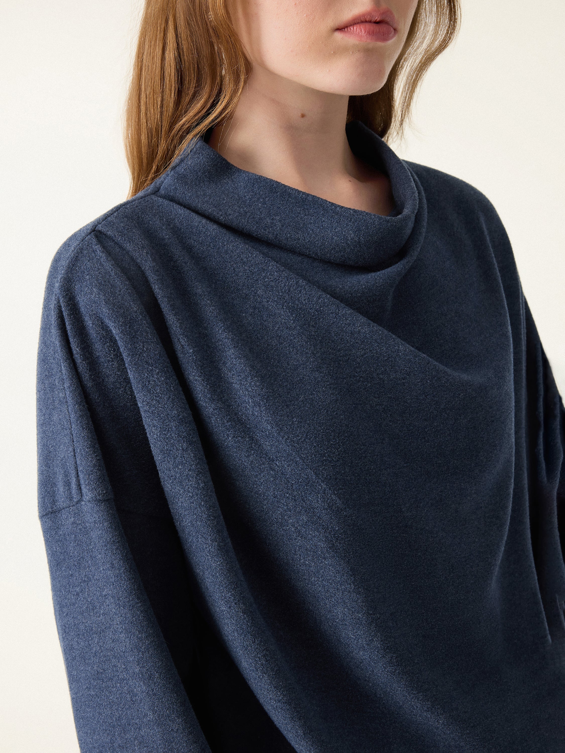Cozy Relaxed Mockneck Top with Banded Hem Heather Indigo – Women > Tops > Shirts&Tops | FormaLuxe