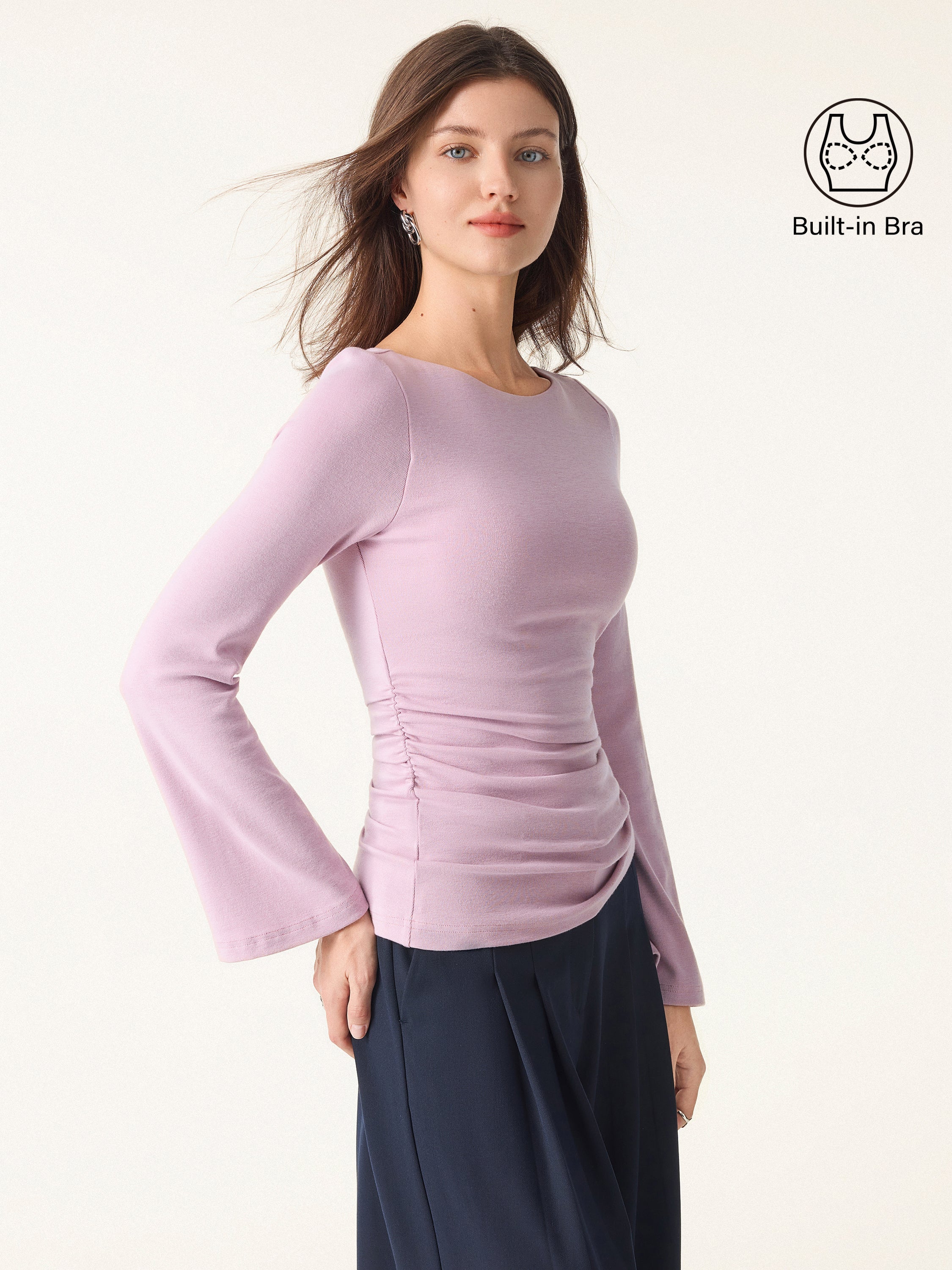 Boatneck Bell Sleeves Ruched Brami Top Opera Mauve – Women > Tops > Bra Tops | FormaLuxe
