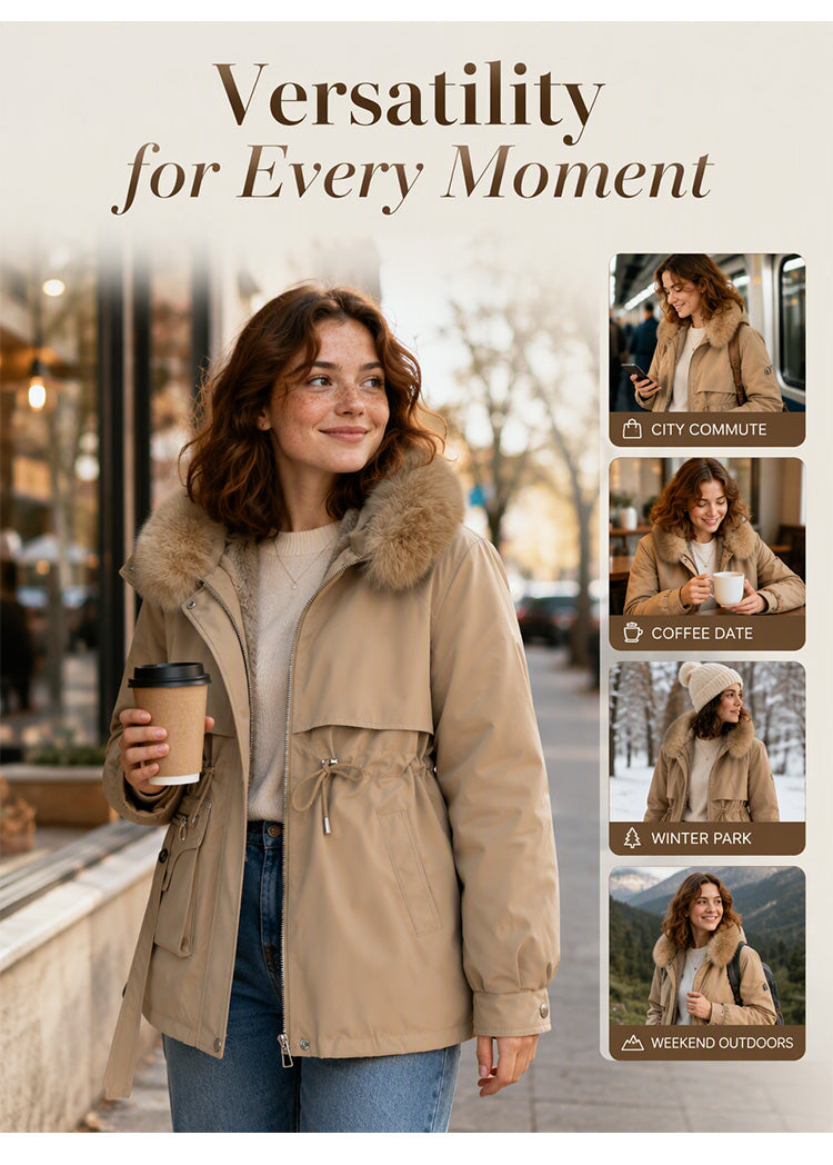 Damen Winterparka in Khaki für Stadt, Freizeit und winterliche Ausflüge | FormaLuxe