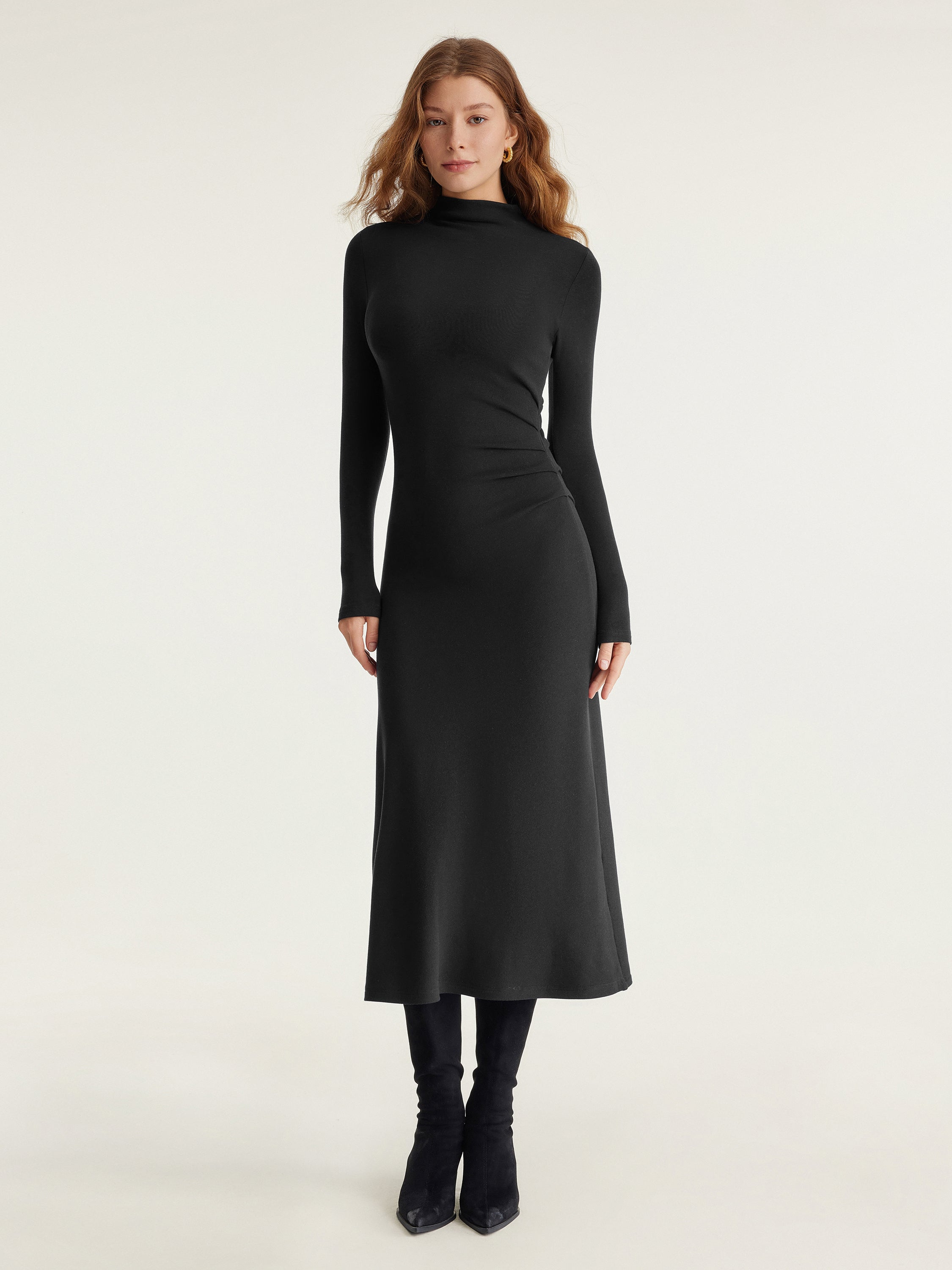 ProWarm Long Sleeves Mockneck Tucks Midi Dress Midnight Navy – Women > Dresses > Midi Dresses | FormaLuxe