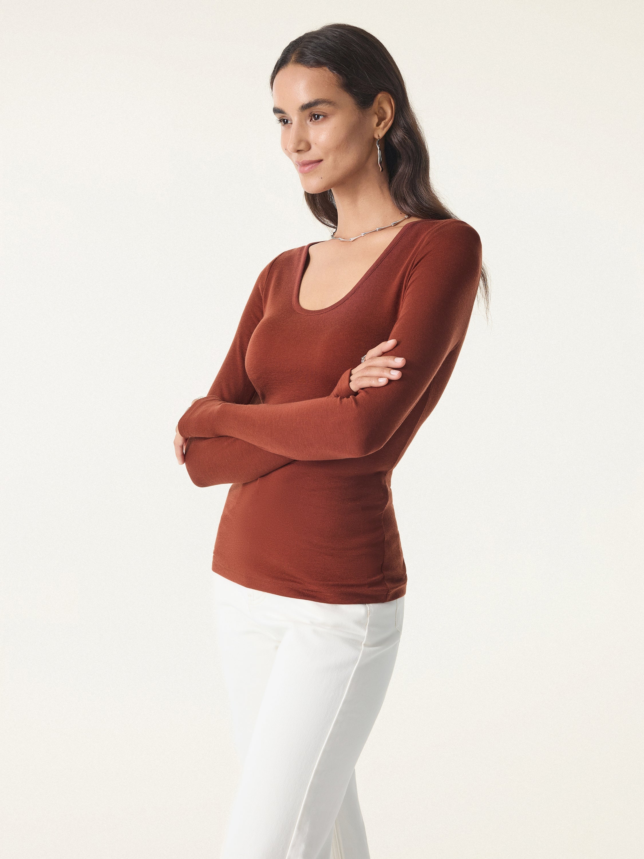 Lyocell Cashmere Scoop Neck Thumbhole Brami Rust Orange – Women > Tops > Bra Tops | FormaLuxe