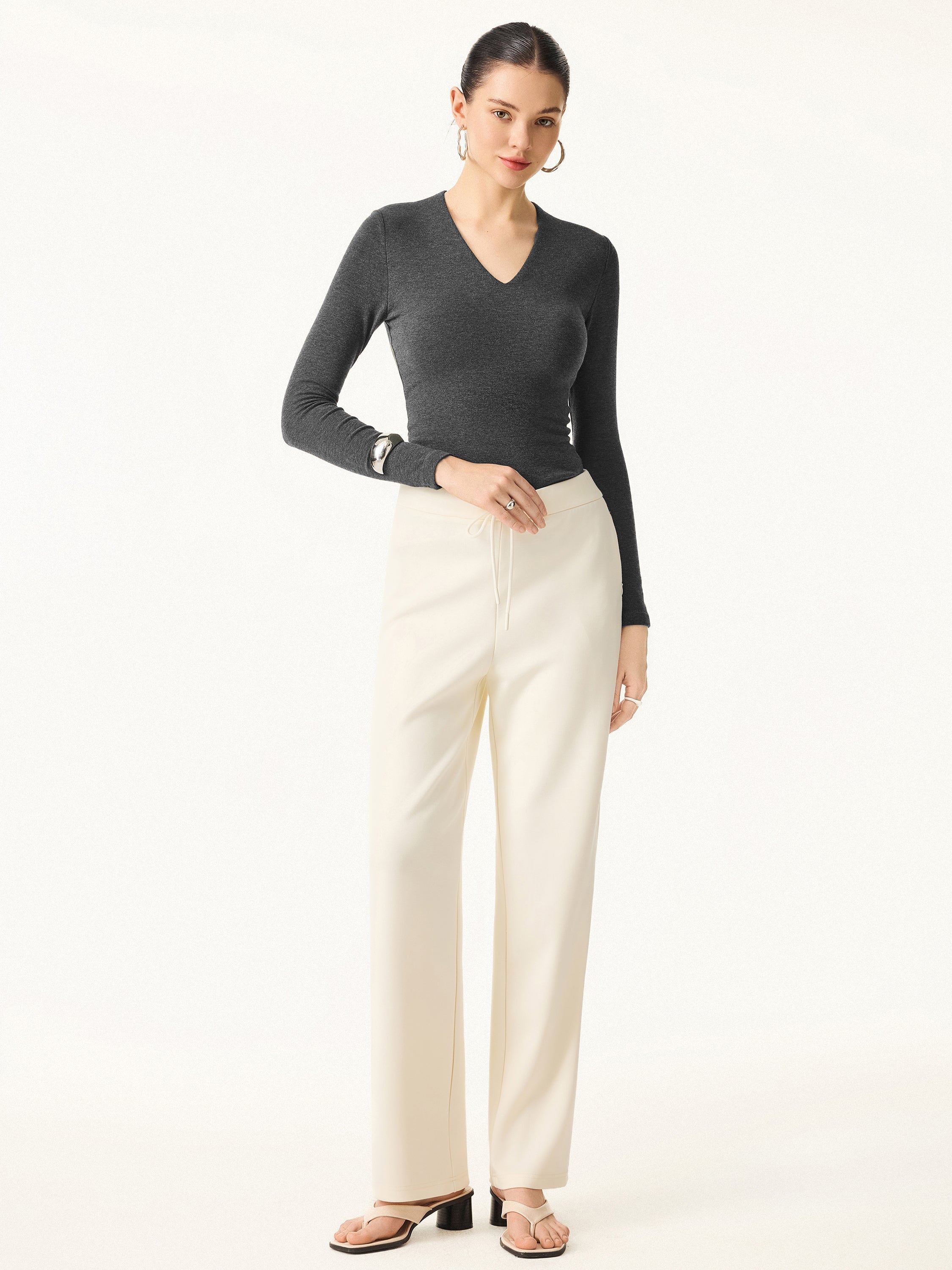Stretch Cotton V-Neck Long Sleeve Brami Top Deep Bush – Women > Tops > Bra Tops | FormaLuxe
