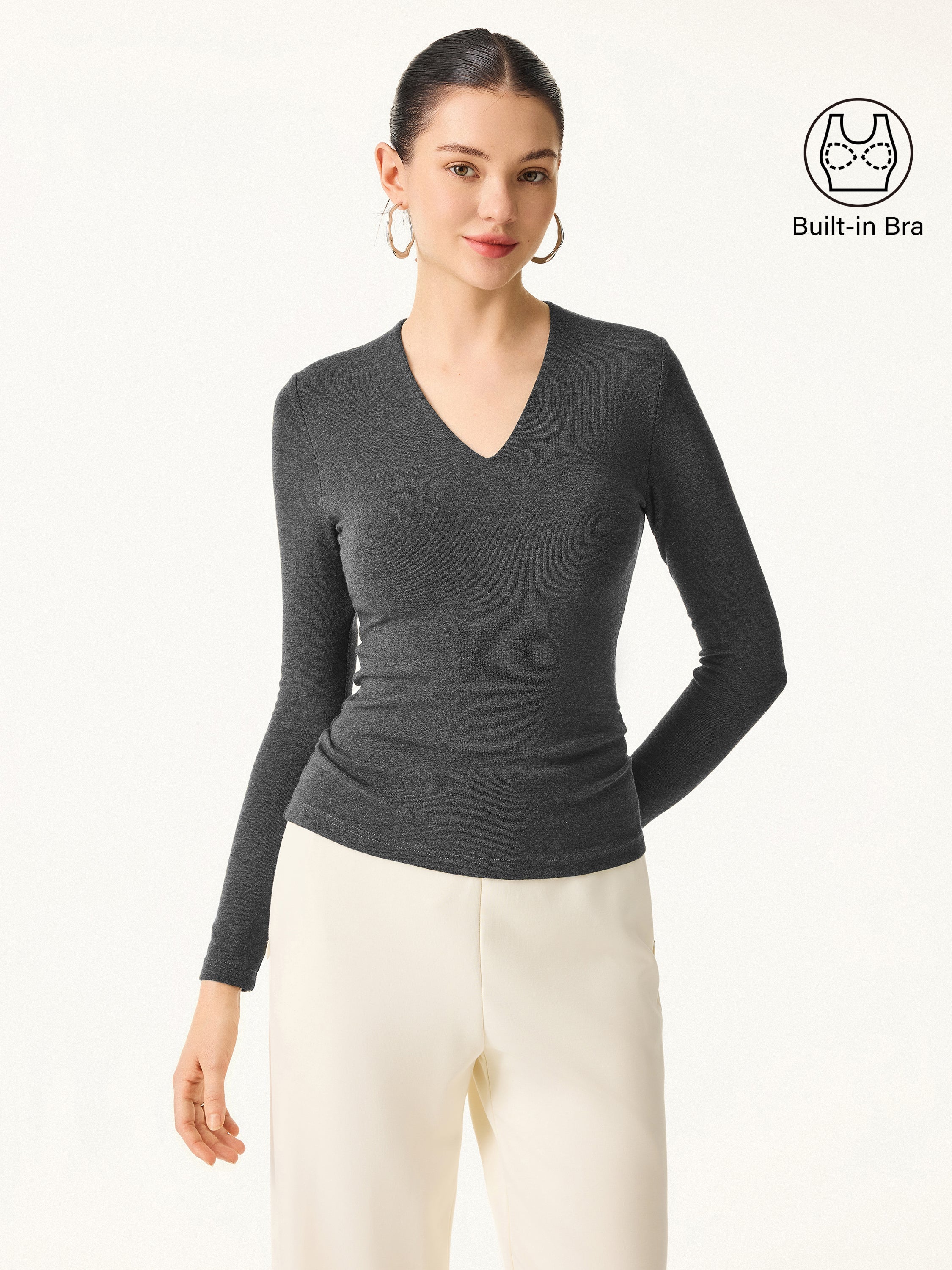 Stretch Cotton V-Neck Long Sleeve Brami Top Deep Bush – Women > Tops > Bra Tops | FormaLuxe