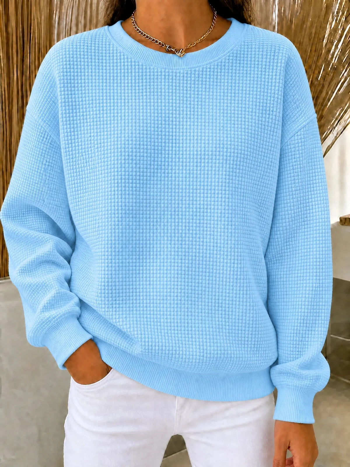 Waffelstrick-Pullover Damen Mila in Hellblau – Waffelstruktur und Rundhalsausschnitt | FormaLuxe