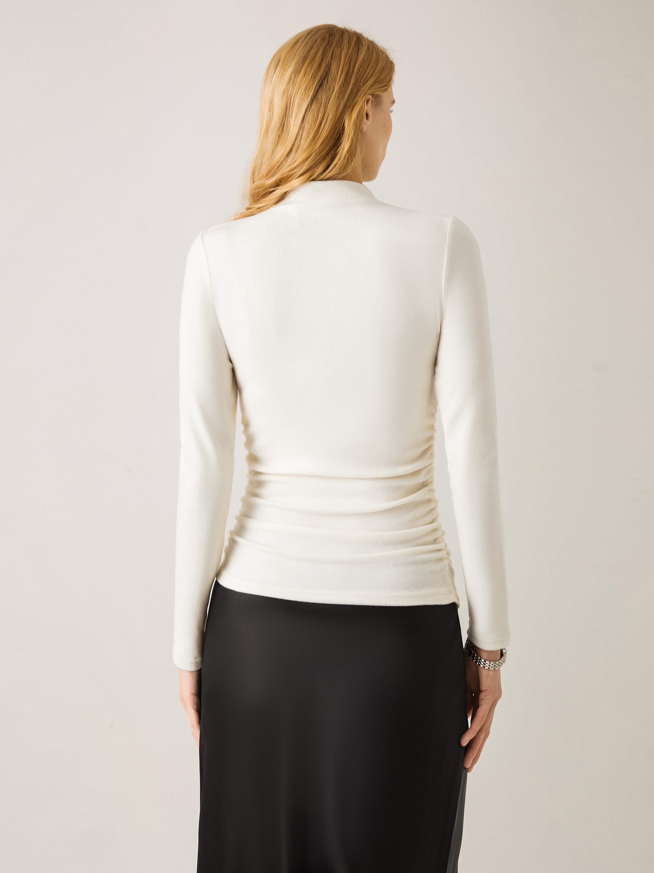2Pcs Set Ruched Sides Tuckable Mockneck Top & Flared Maxi Skirt Off White/Heather Morganite – Women > Bundles&Sets > Bundles | FormaLuxe