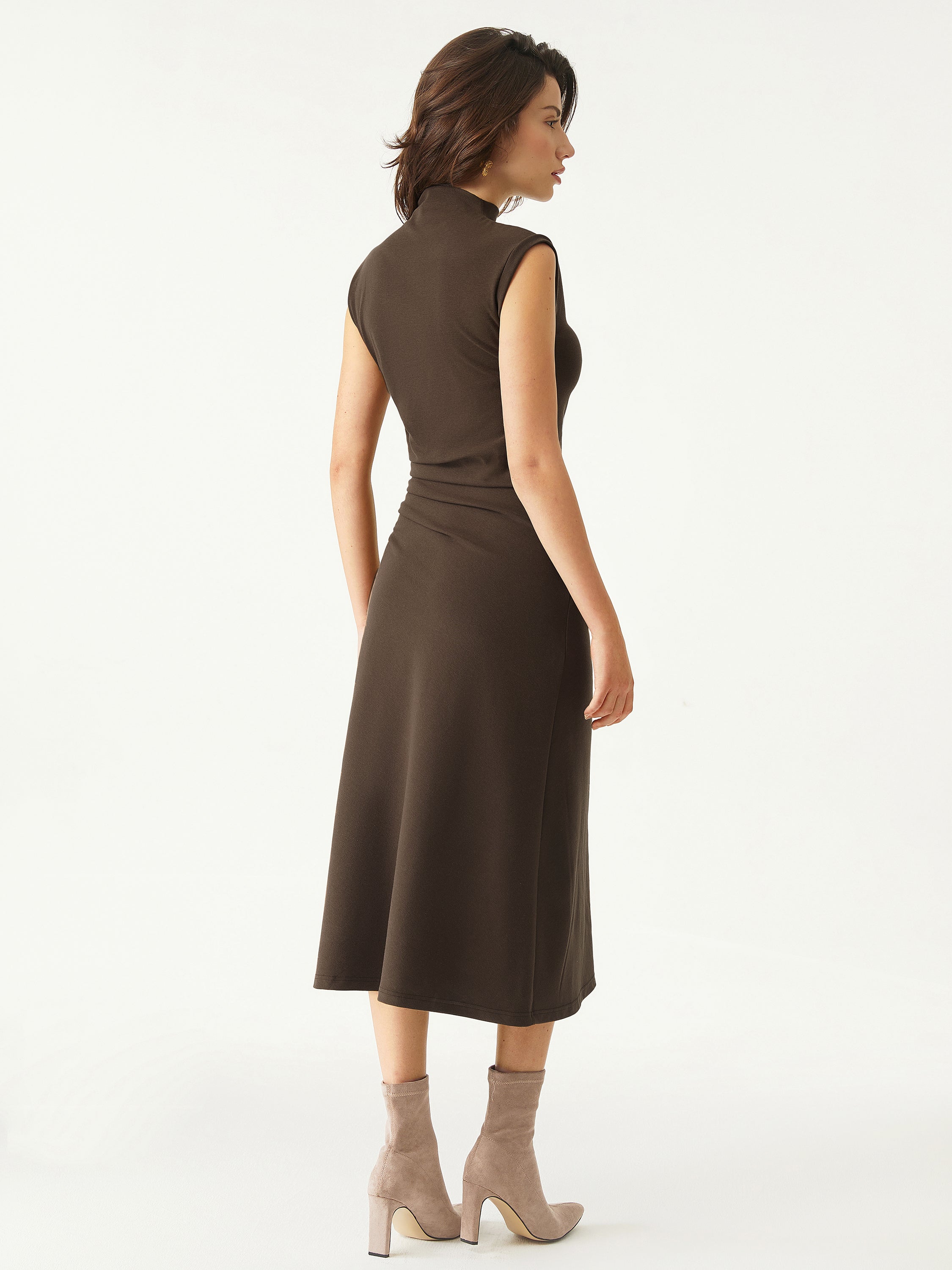 Mockneck Tucks Midi Dress Hazelnut Coco – Women > Dresses > Midi Dresses | FormaLuxe