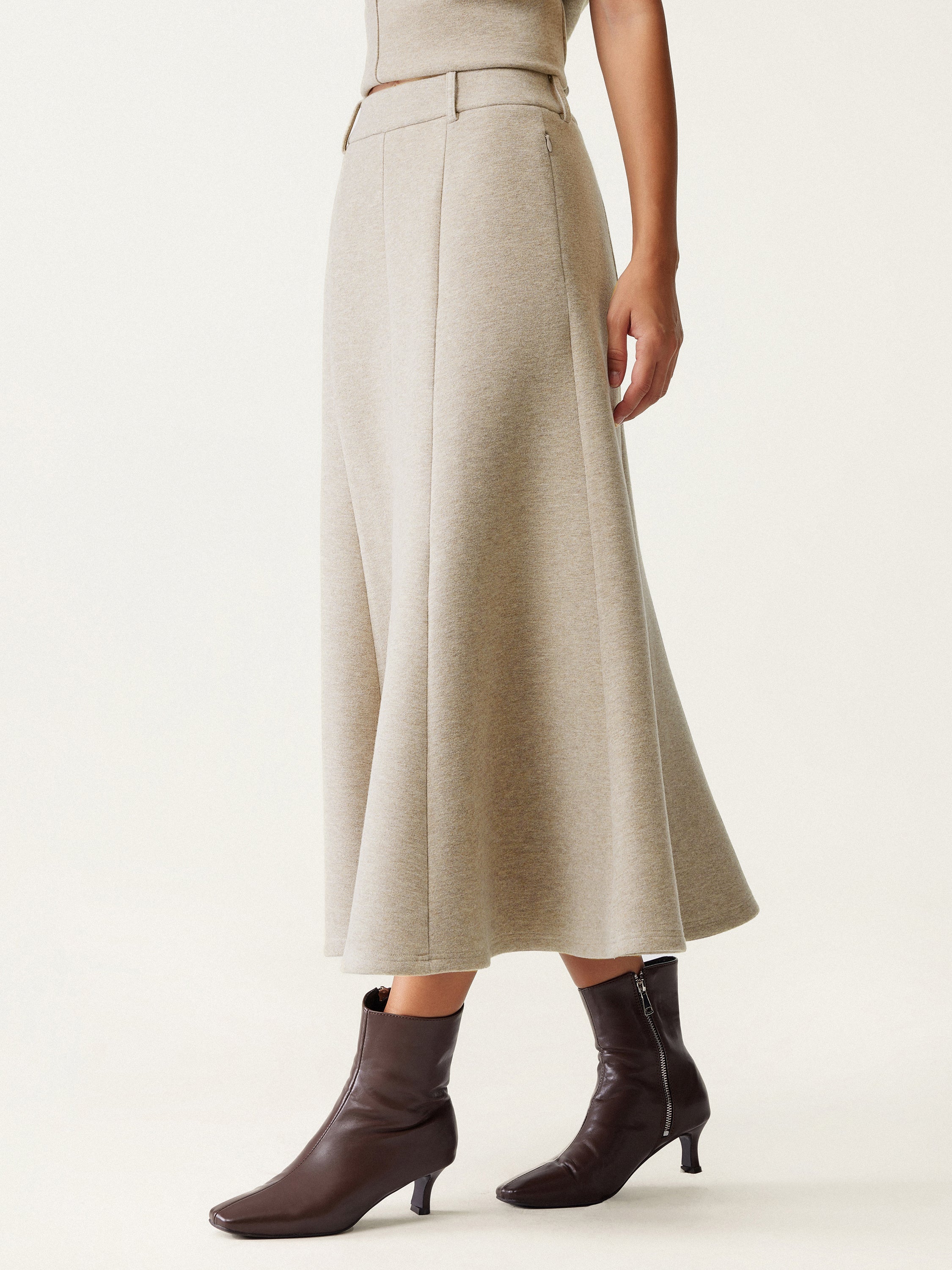 High Waisted Umbrella Hem Midi Skirt Heather Morganite – Women > Bottoms > Skirts | FormaLuxe