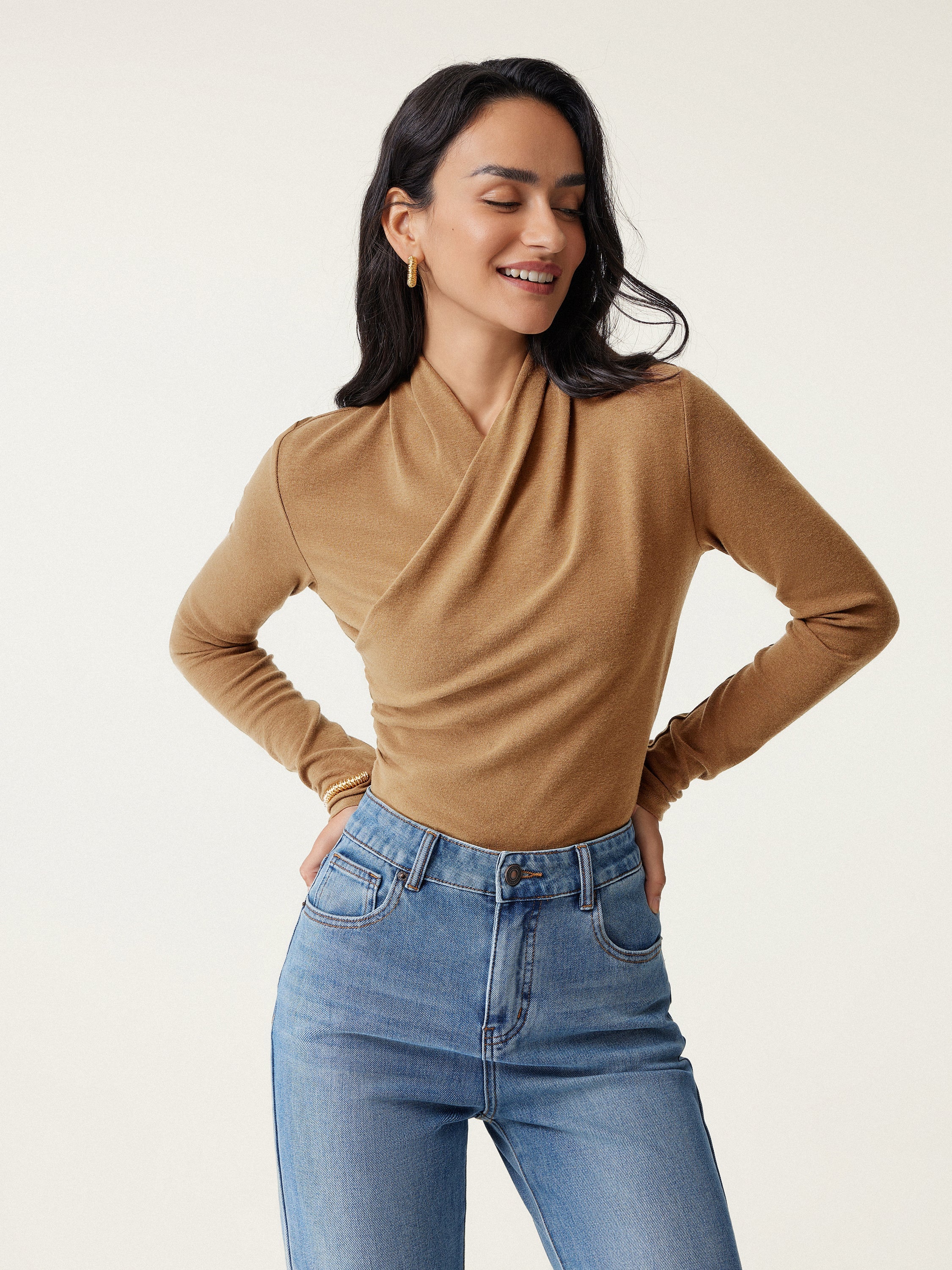 Surplice Long Sleeve Top Cinnamon Buff – Women > Tops > Shirts&Tops | FormaLuxe