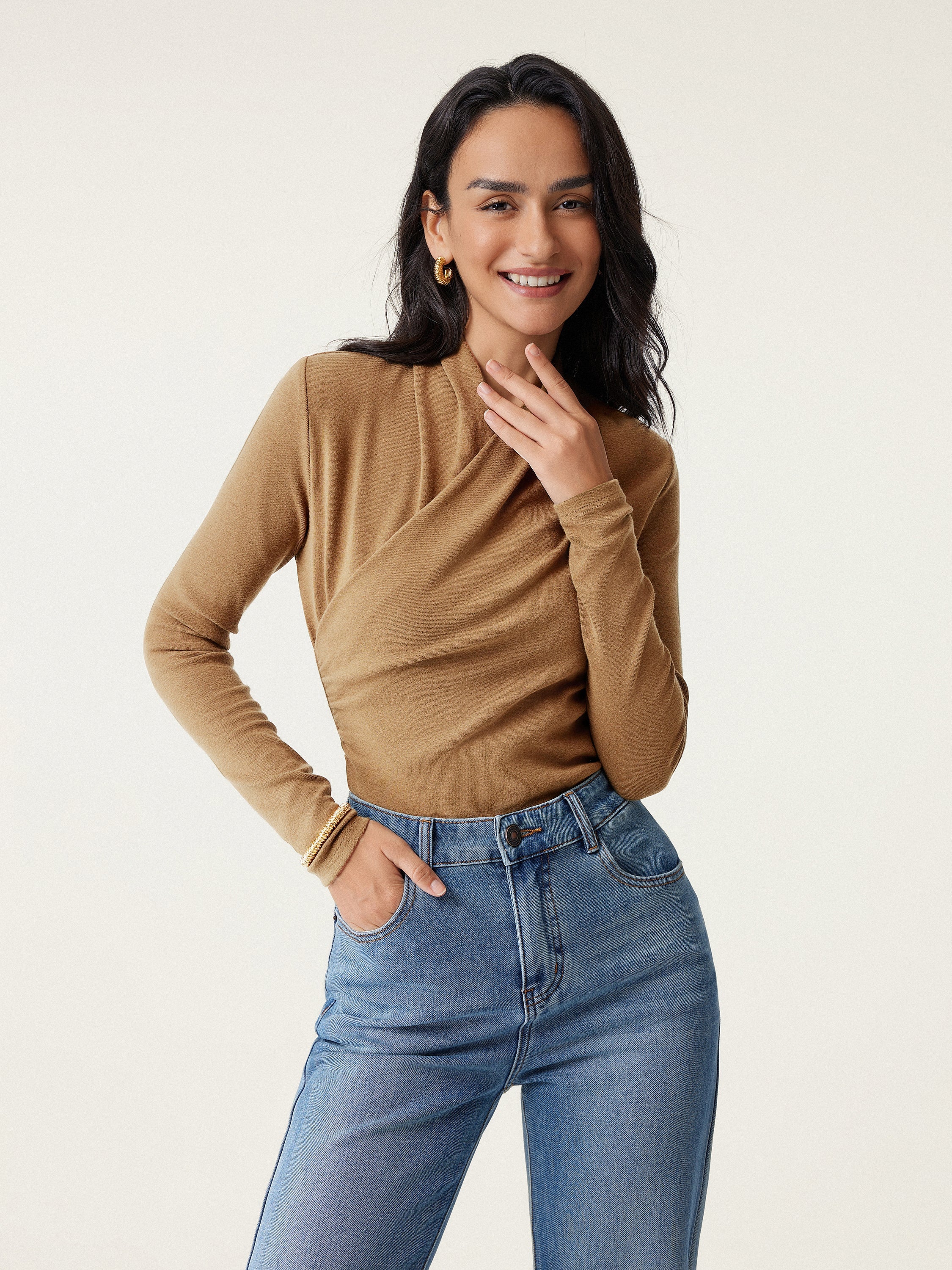 Surplice Long Sleeve Top Cinnamon Buff – Women > Tops > Shirts&Tops | FormaLuxe