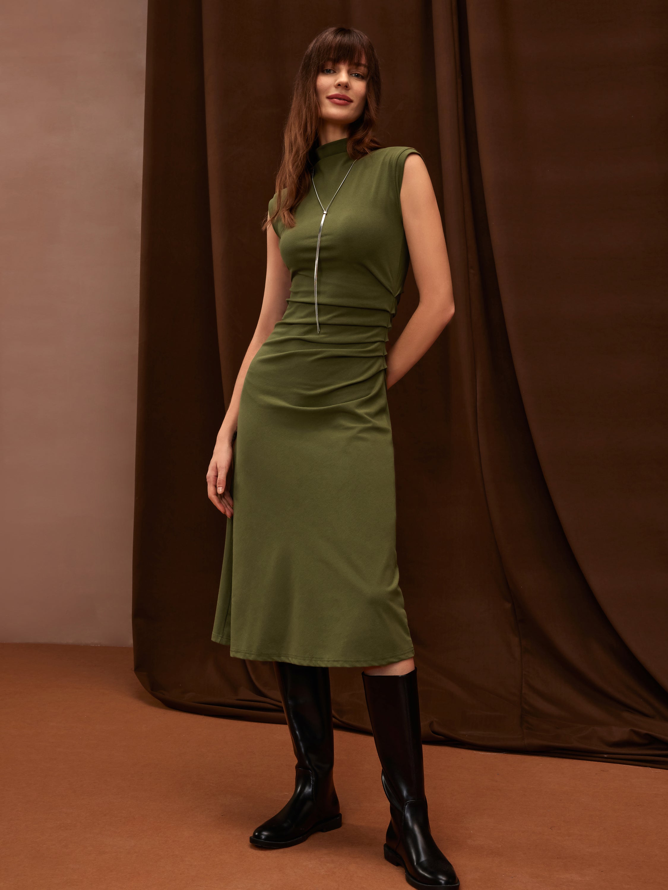 Mockneck Tucks Midi Dress Color – Women > Dresses > Midi Dresses | FormaLuxe
