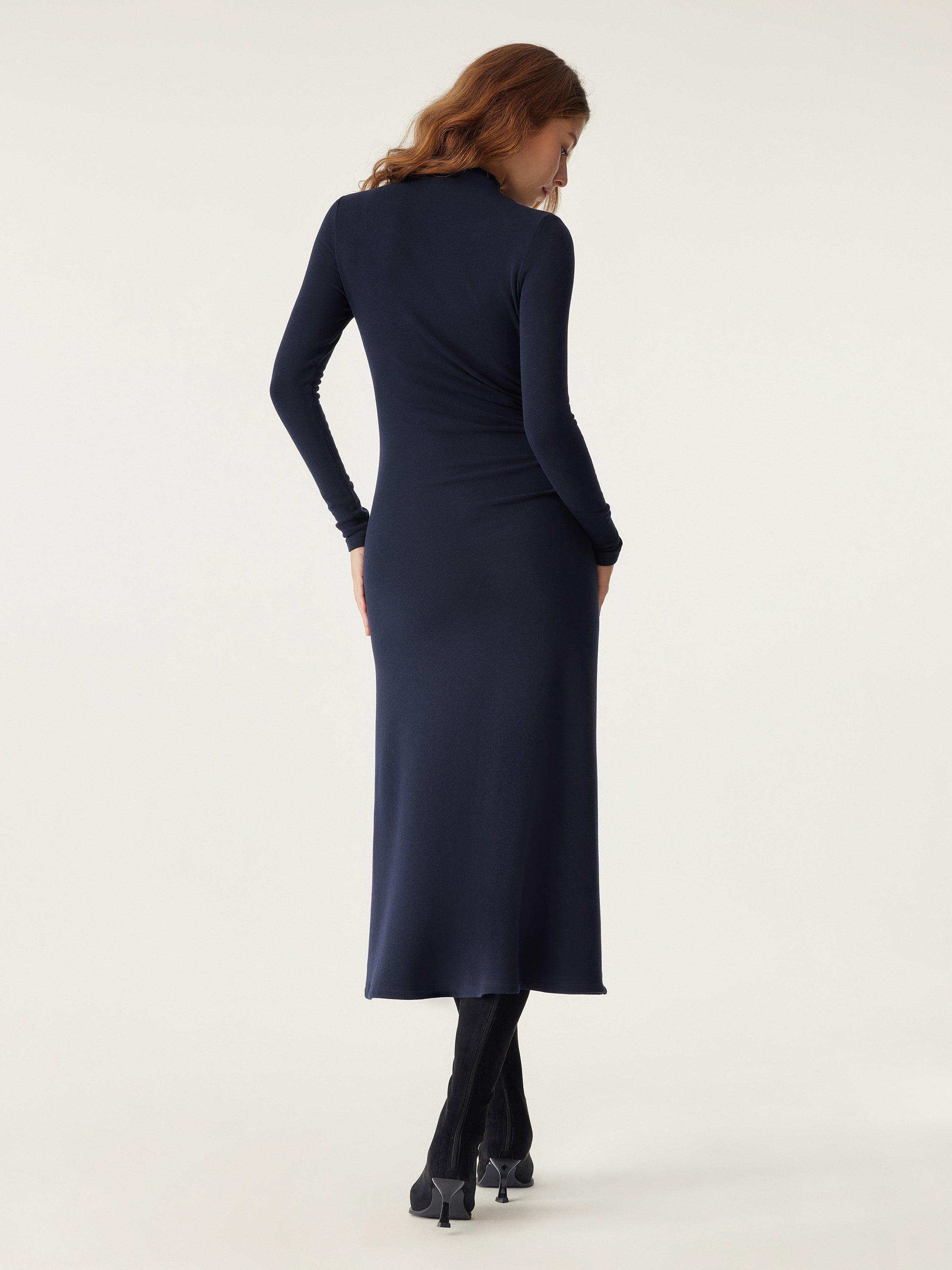 ProWarm Long Sleeves Mockneck Tucks Midi Dress Midnight Navy – Women > Dresses > Midi Dresses | FormaLuxe