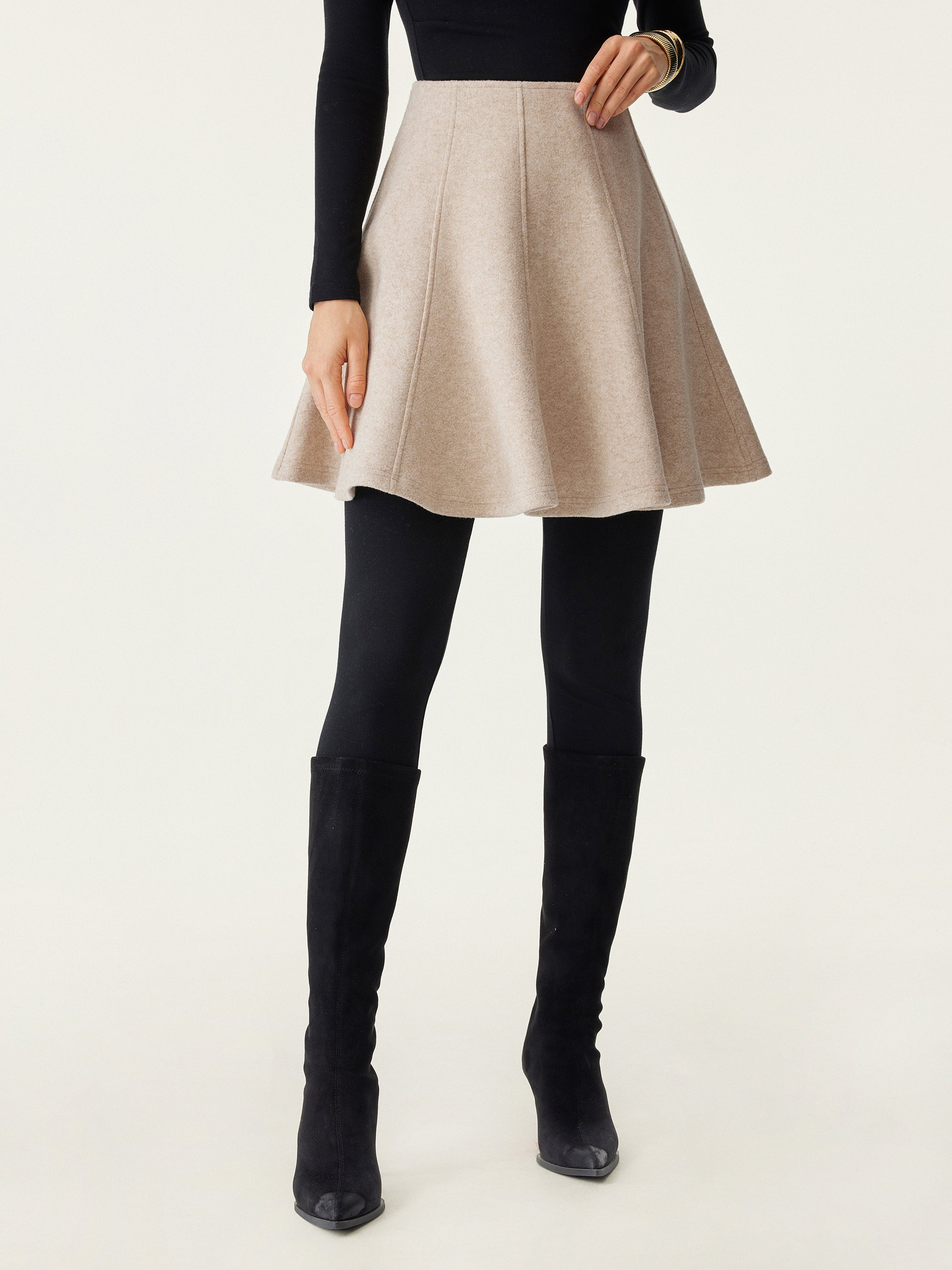 High Waisted Flare Hem Mini Skirt Heather Oatmeal – Women > Bottoms > Skirts | FormaLuxe
