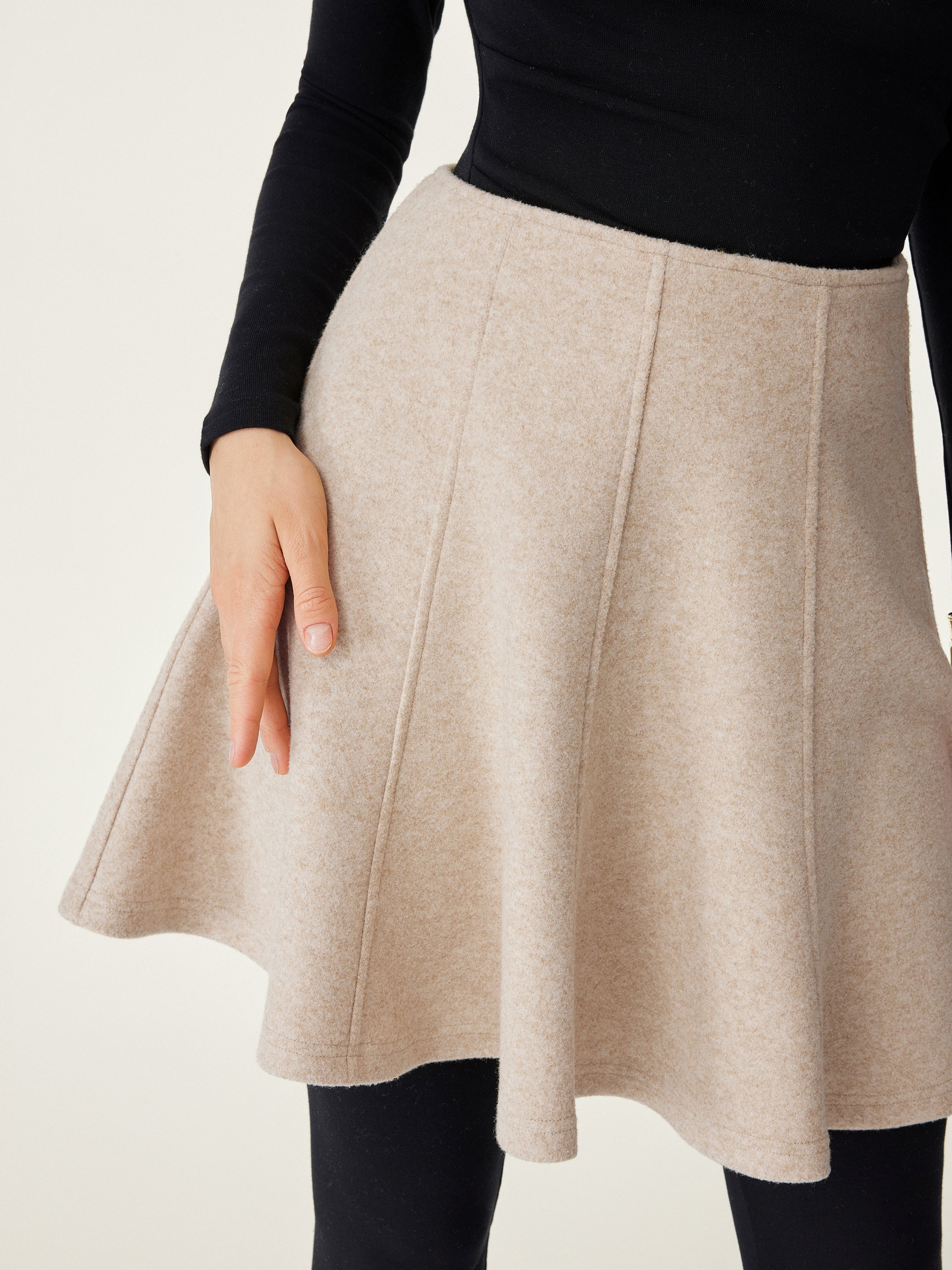 High Waisted Flare Hem Mini Skirt Heather Oatmeal – Women > Bottoms > Skirts | FormaLuxe