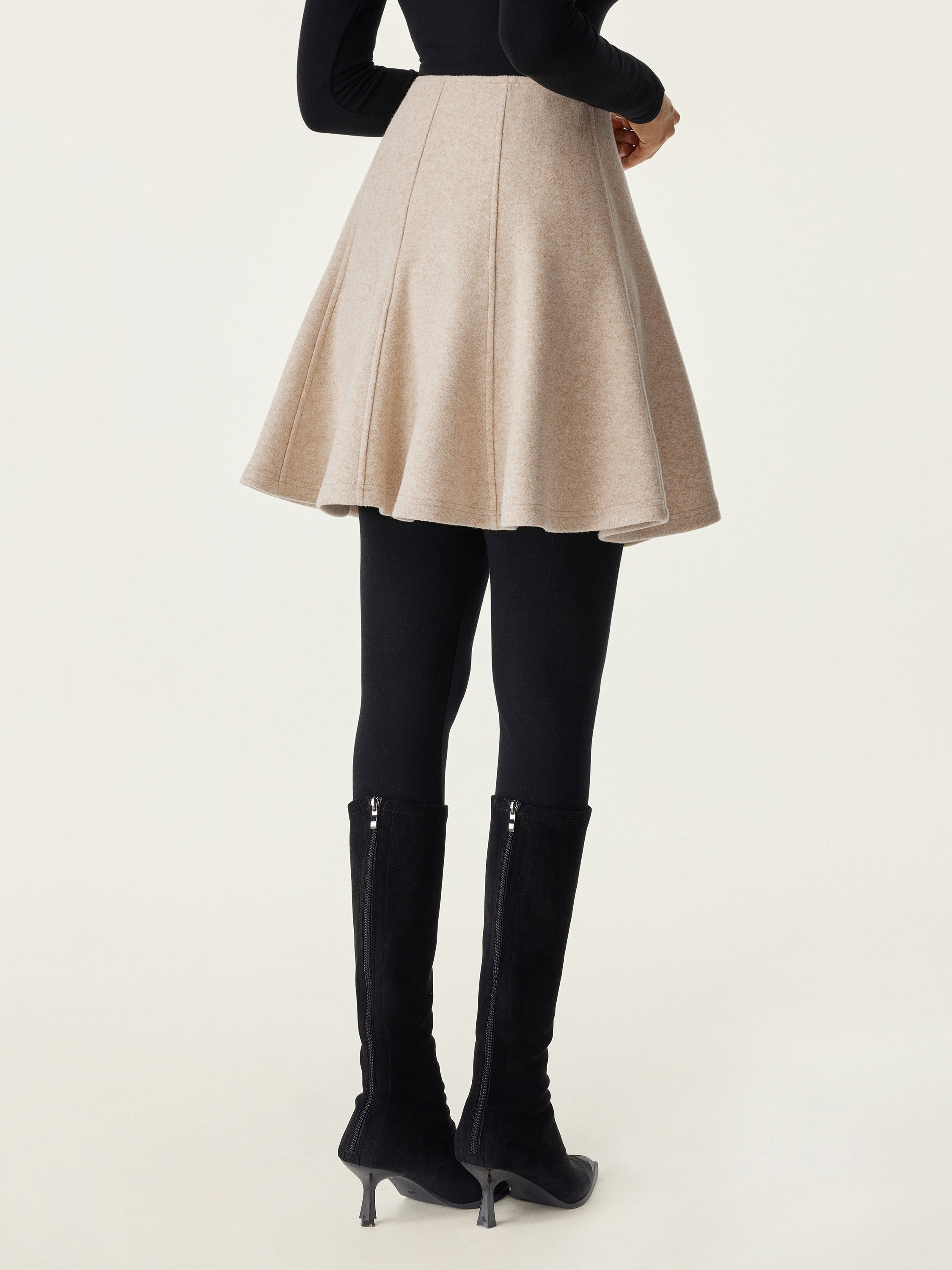 High Waisted Flare Hem Mini Skirt Heather Oatmeal – Women > Bottoms > Skirts | FormaLuxe
