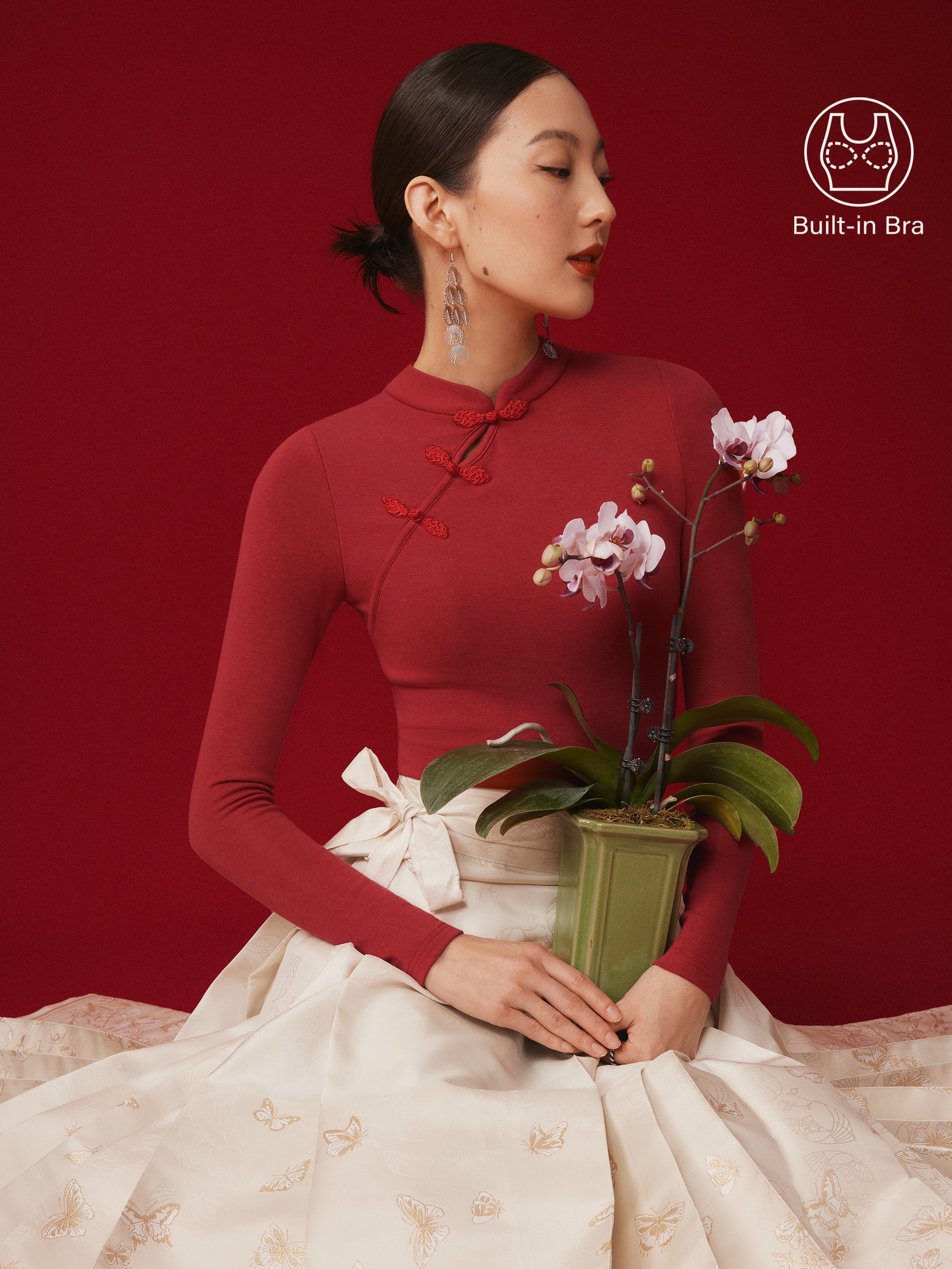 Mandarin Collar Asymmetric Frog Button Brami Top Limited Edition Christmas Red – Women > Tops > Bra Tops | FormaLuxe