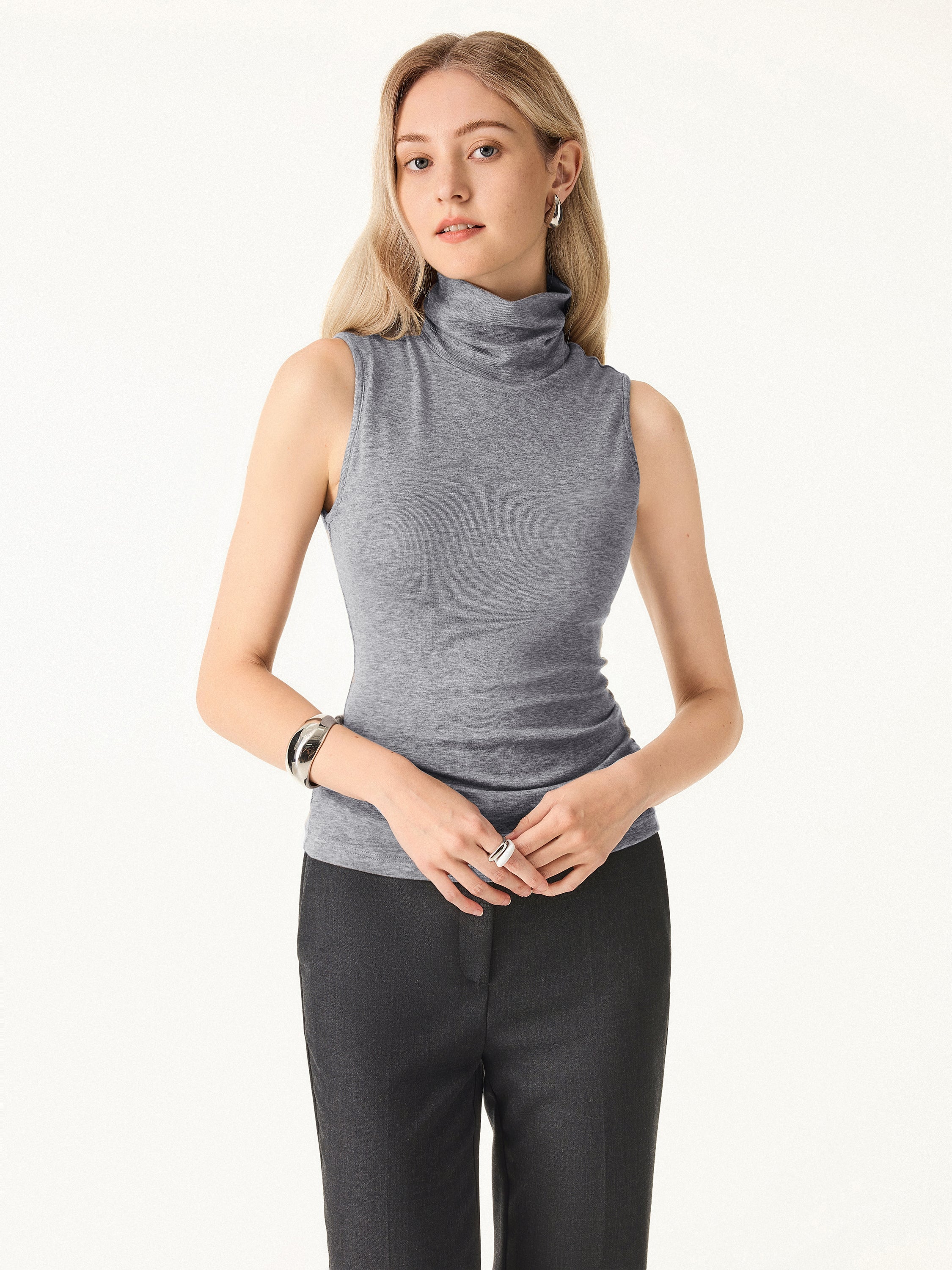 Lyocell Cashmere Sleeveless Turtleneck Brami Heather Grey – Women > Tops > Bra Tops | FormaLuxe