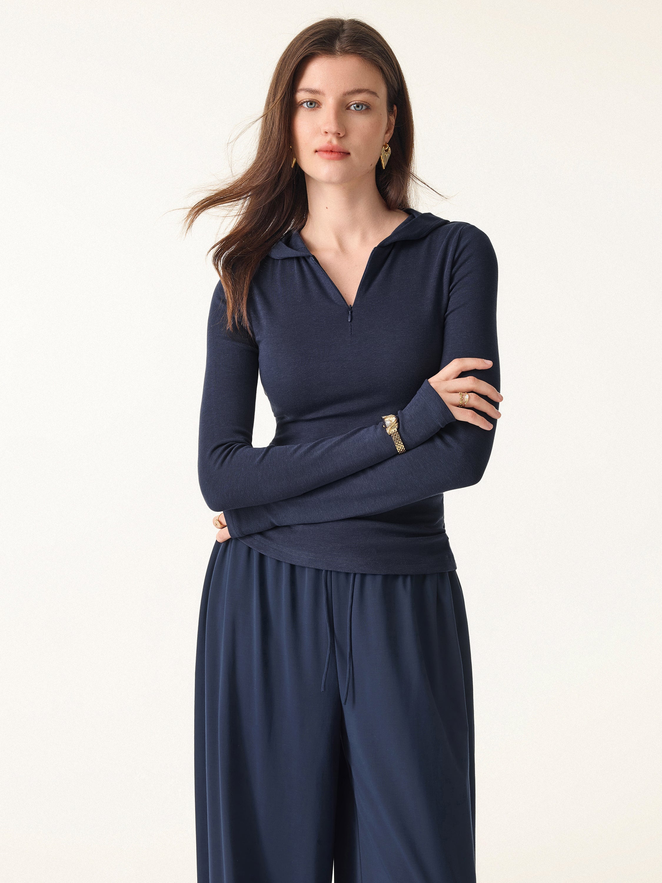 Slim Fitted Quarter Zip Pullover Hoodie Navy – Women > Tops > Bra Tops | FormaLuxe