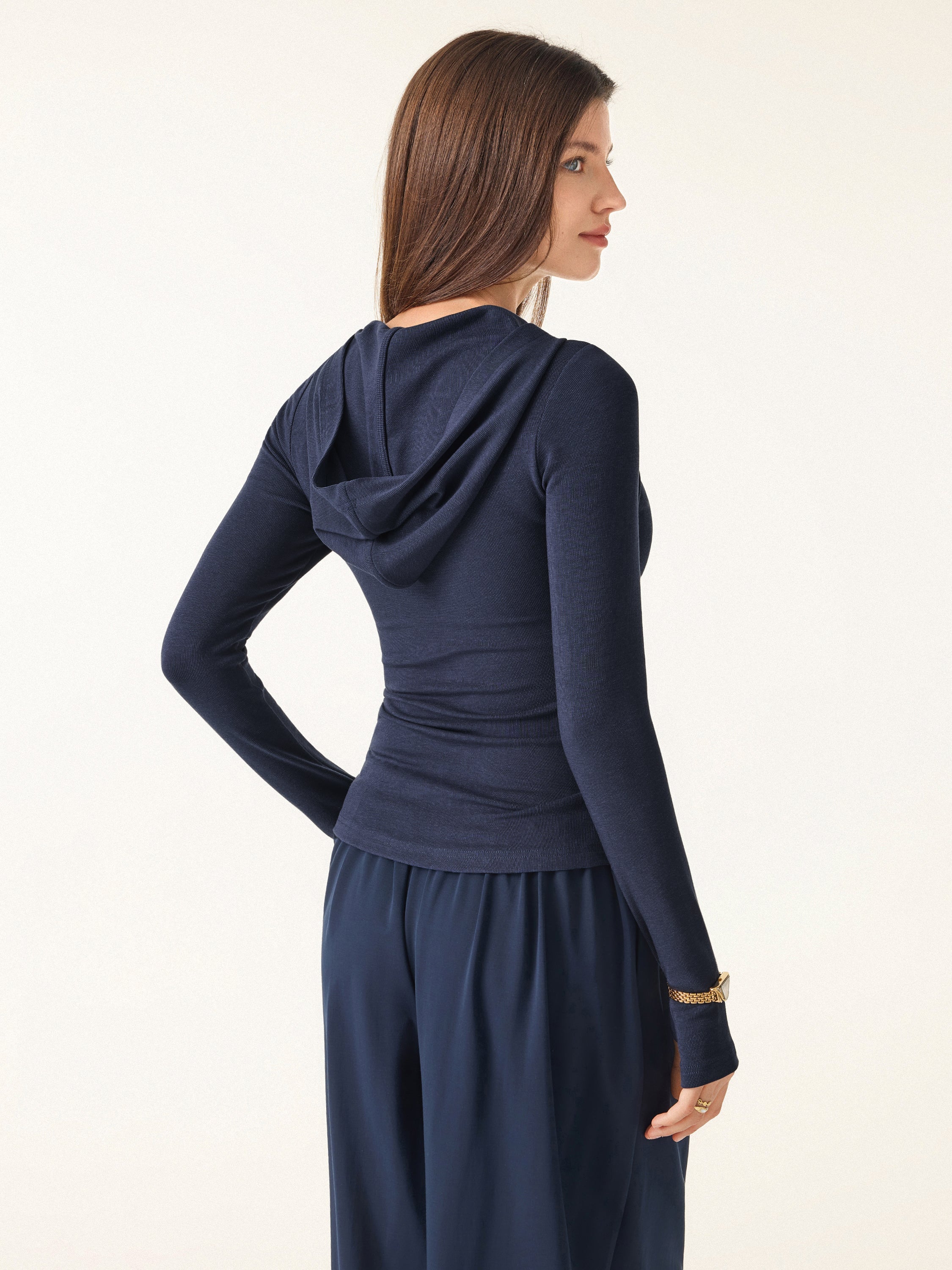 Slim Fitted Quarter Zip Pullover Hoodie Navy – Women > Tops > Bra Tops | FormaLuxe