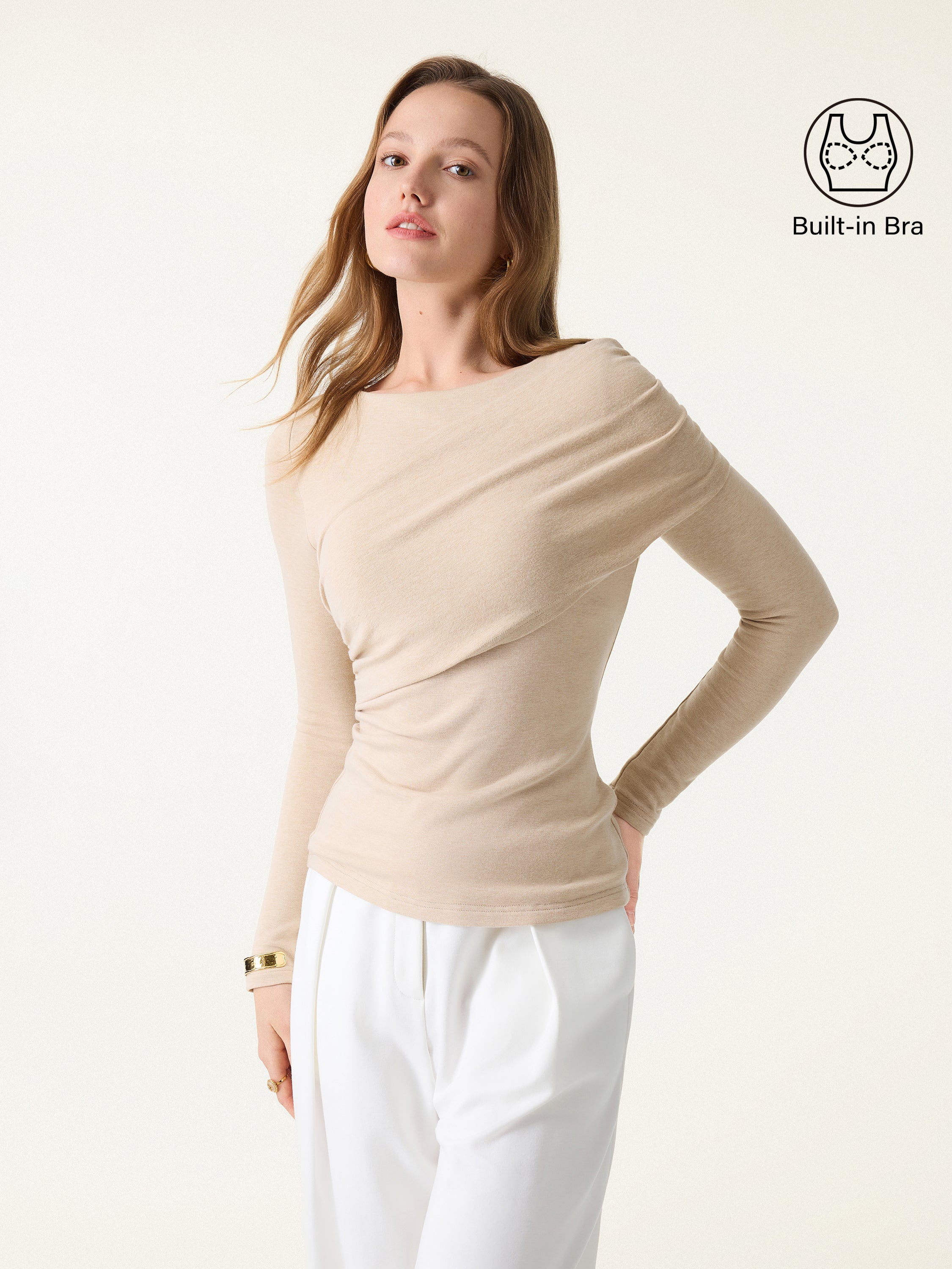 Tencel-Wool Gathered Semi Sheer Long Sleeve Brami Top Heather Fog Ivory – Women > Tops > Bra Tops | FormaLuxe