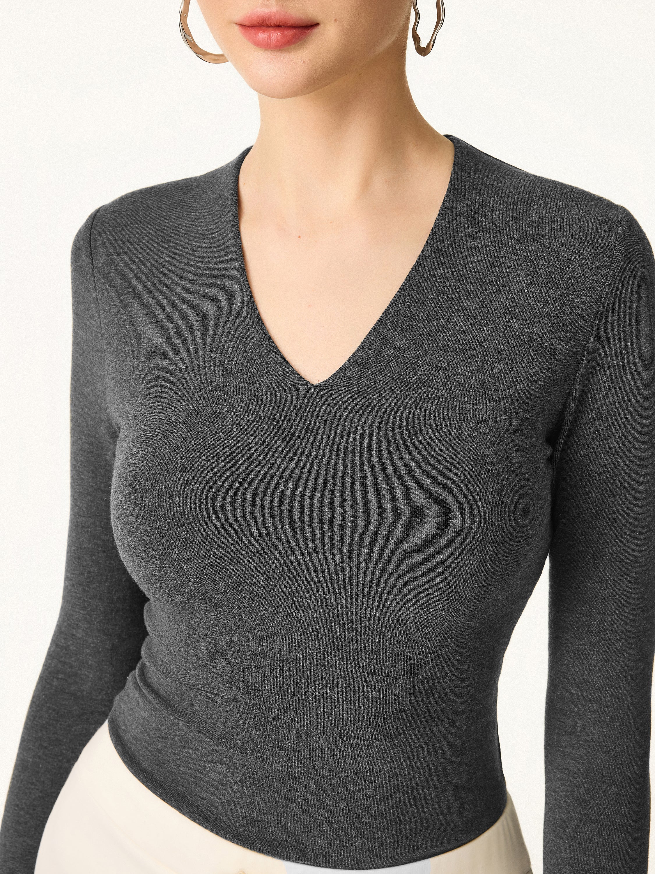 Stretch Cotton V-Neck Long Sleeve Brami Top Deep Bush – Women > Tops > Bra Tops | FormaLuxe