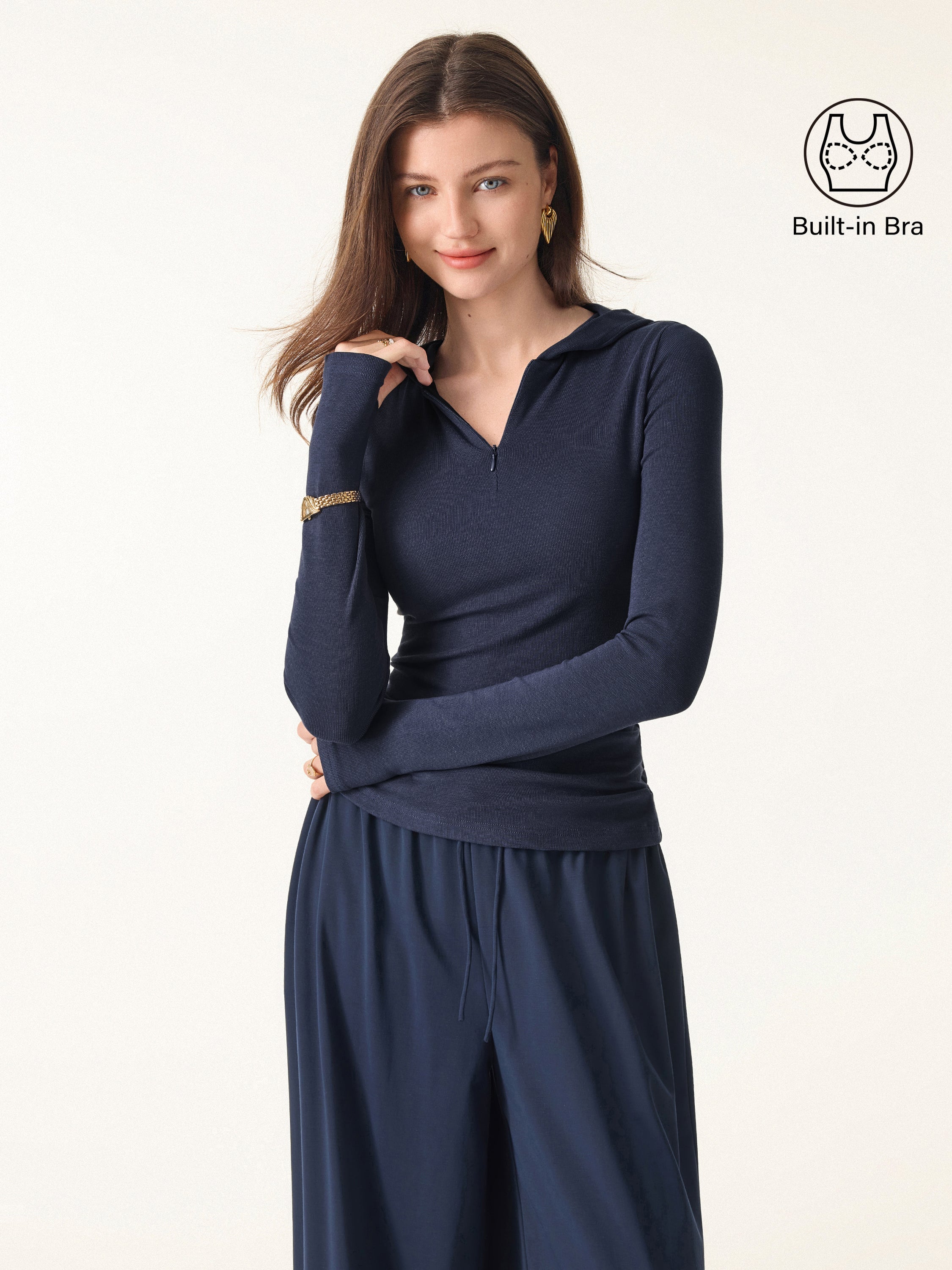 Slim Fitted Quarter Zip Pullover Hoodie Navy – Women > Tops > Bra Tops | FormaLuxe