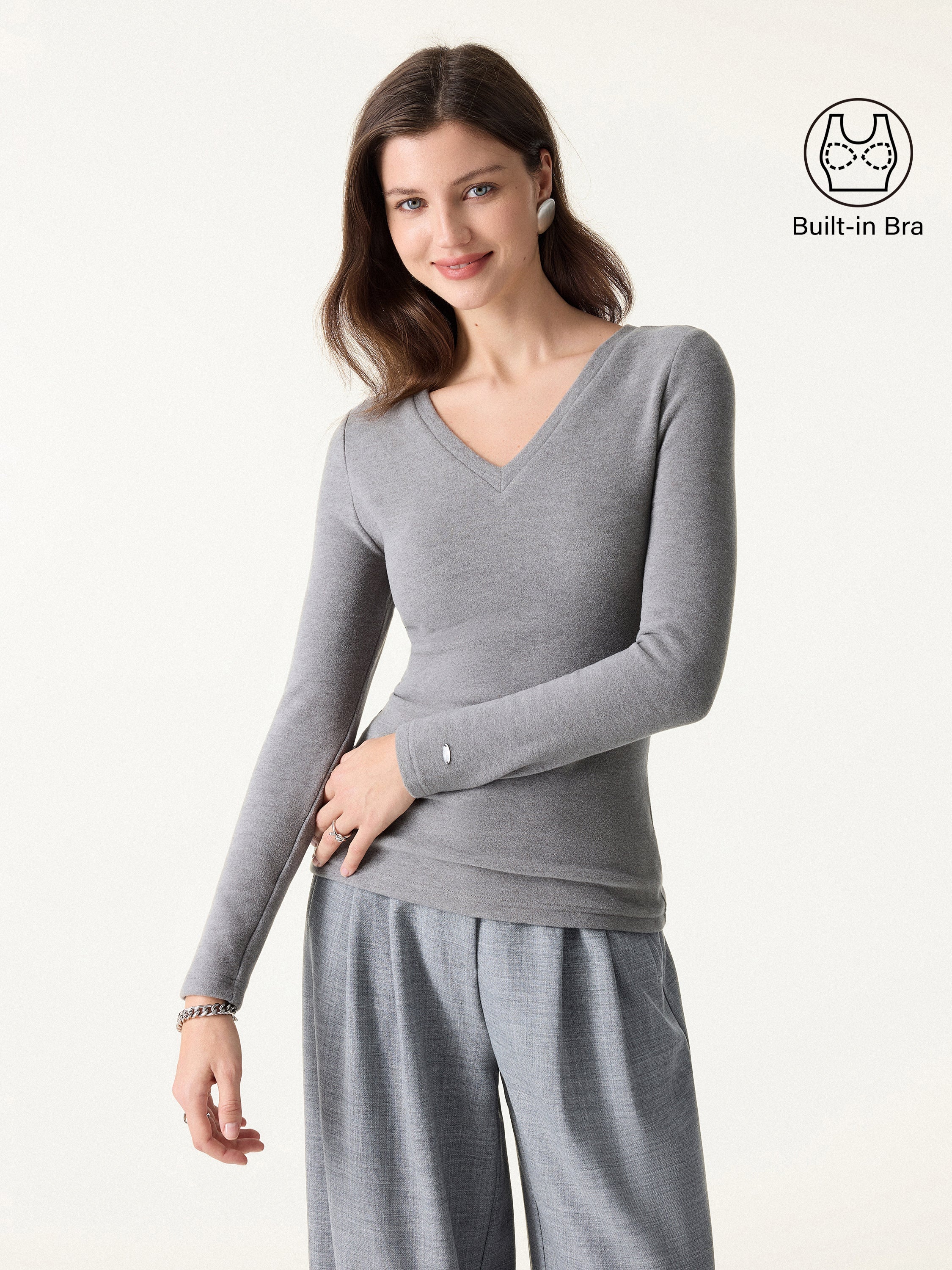 MaxWarm V-Neck Long Sleeve Brami Heather Grey – Women > Tops > Bra Tops | FormaLuxe