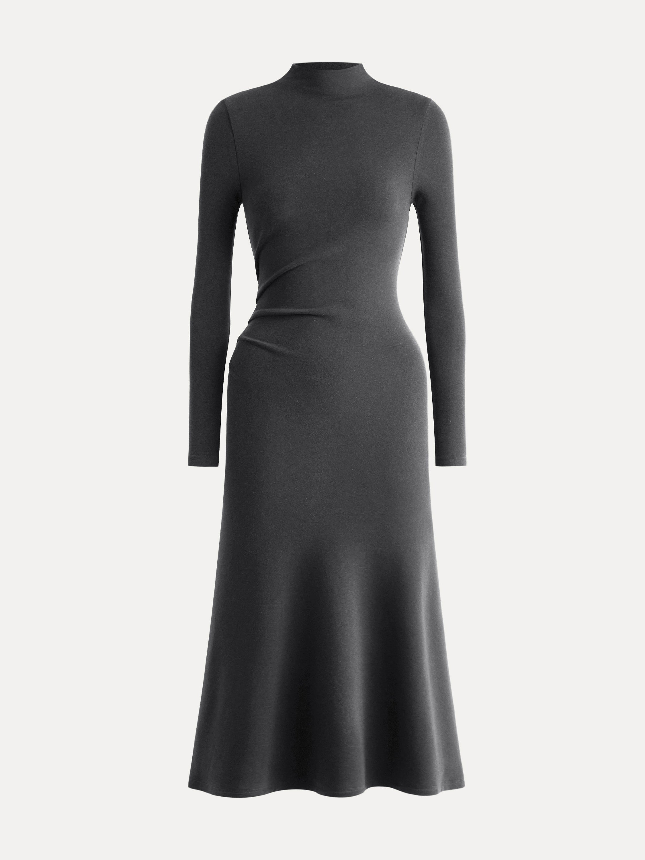 ProWarm Long Sleeves Mockneck Tucks Midi Dress Midnight Navy – Women > Dresses > Midi Dresses | FormaLuxe