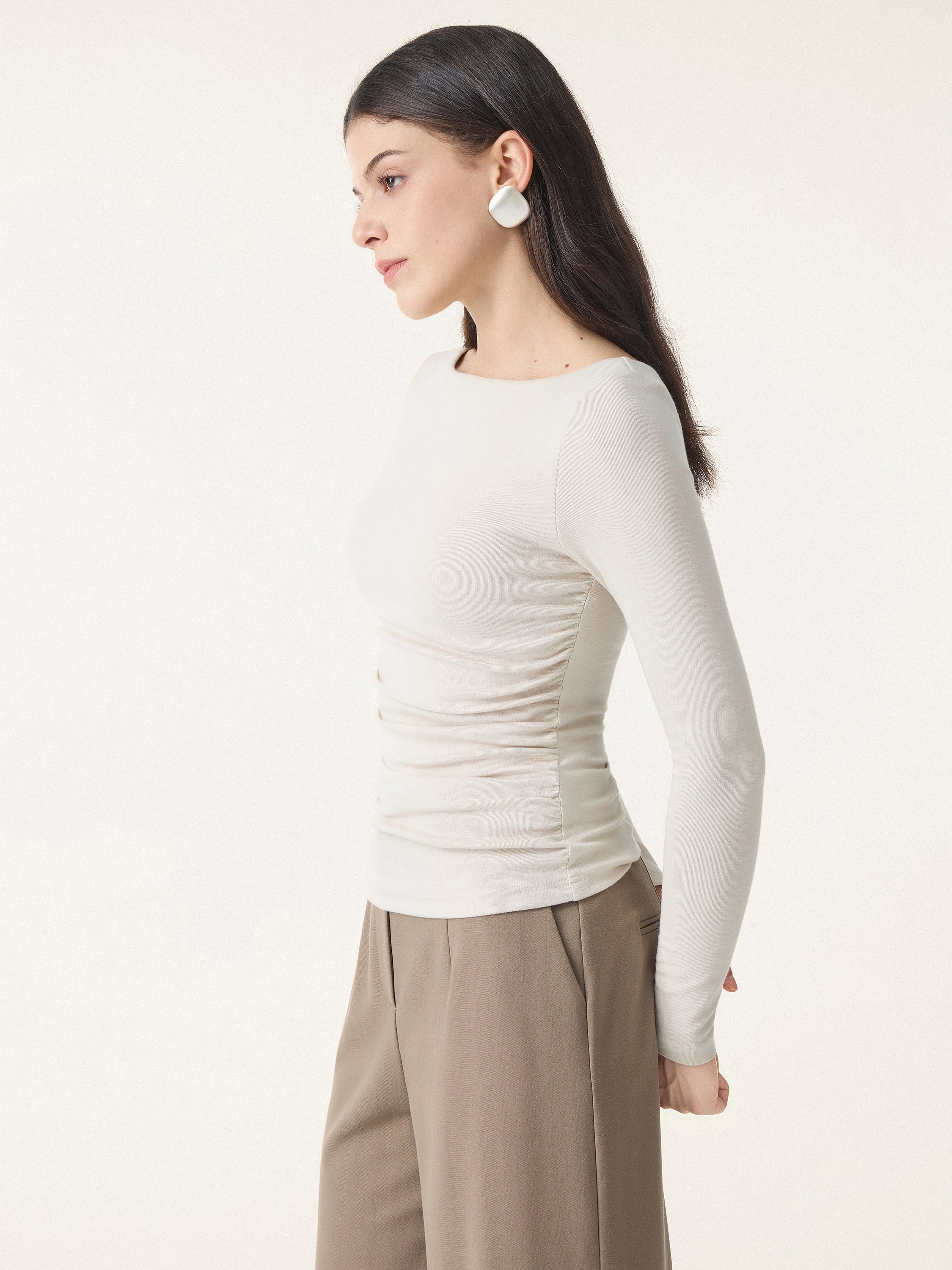 Light Warm Boatneck Ruched Brami Top Cloud White – Women > Tops > Bra Tops | FormaLuxe