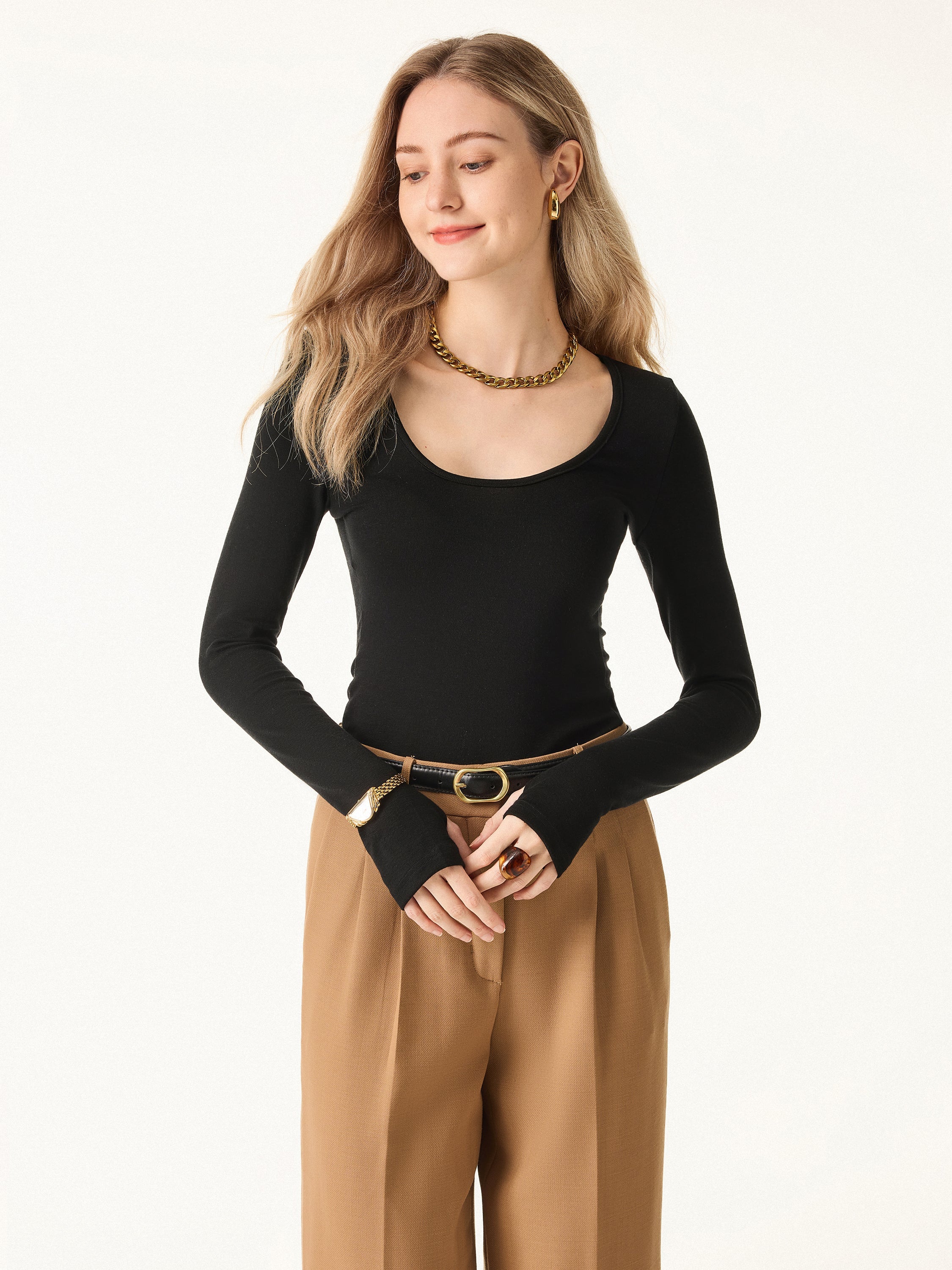 Essential Lyocell Cashmere Multi-Wear Long Sleeve Top with Thumbholes Black – Women > Tops > Shirts&Tops | FormaLuxe