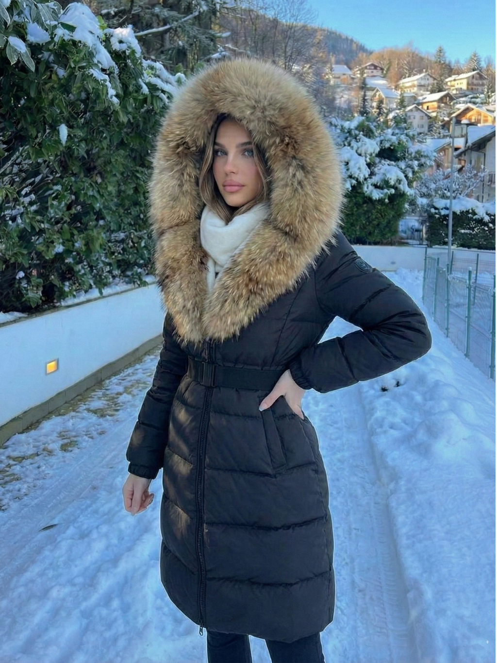 Jane | Doudoune longue ceinturée à capuche en fausse fourrure Blanc | FormaLuxe