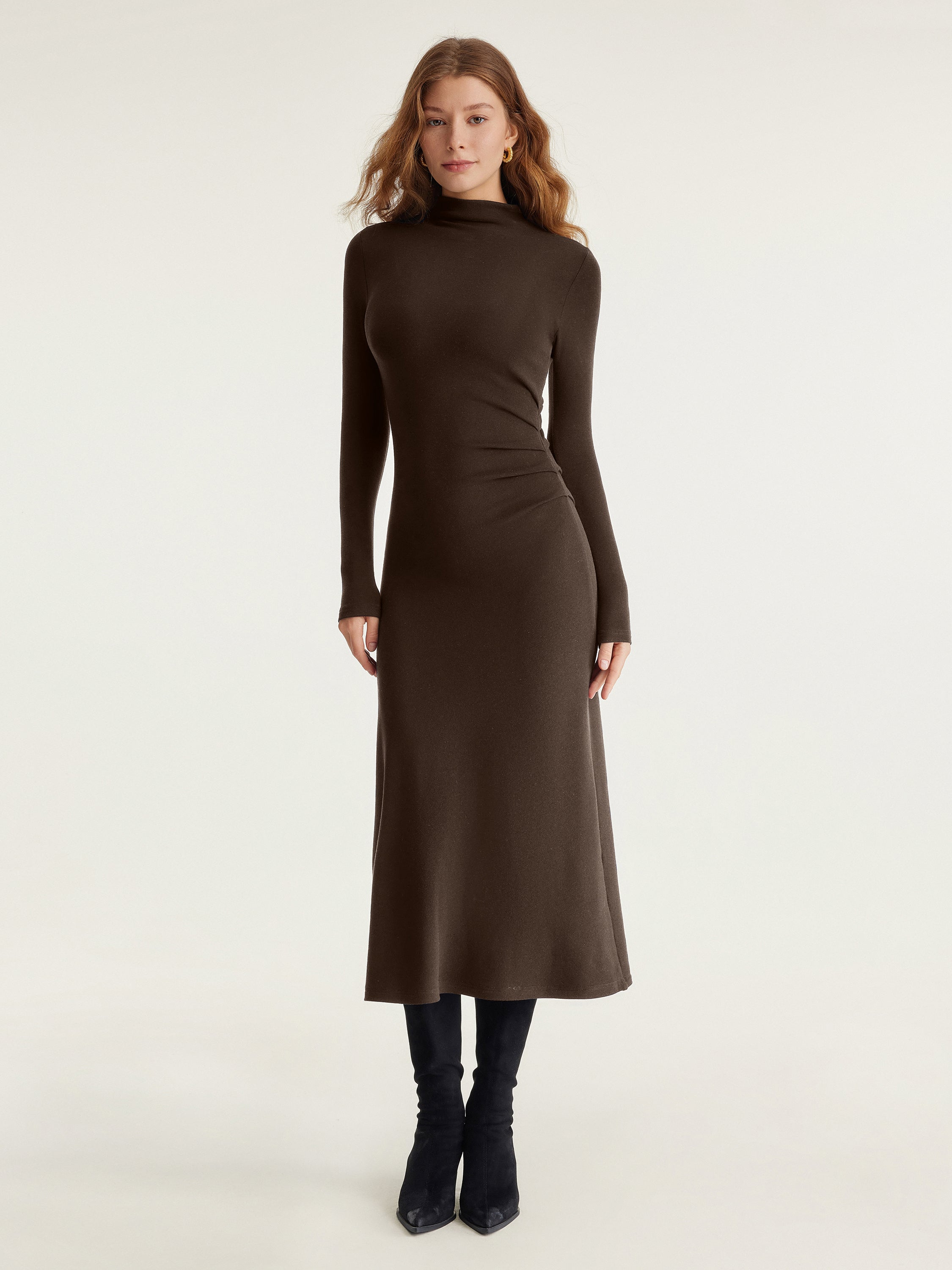 ProWarm Long Sleeves Mockneck Tucks Midi Dress Midnight Navy – Women > Dresses > Midi Dresses | FormaLuxe