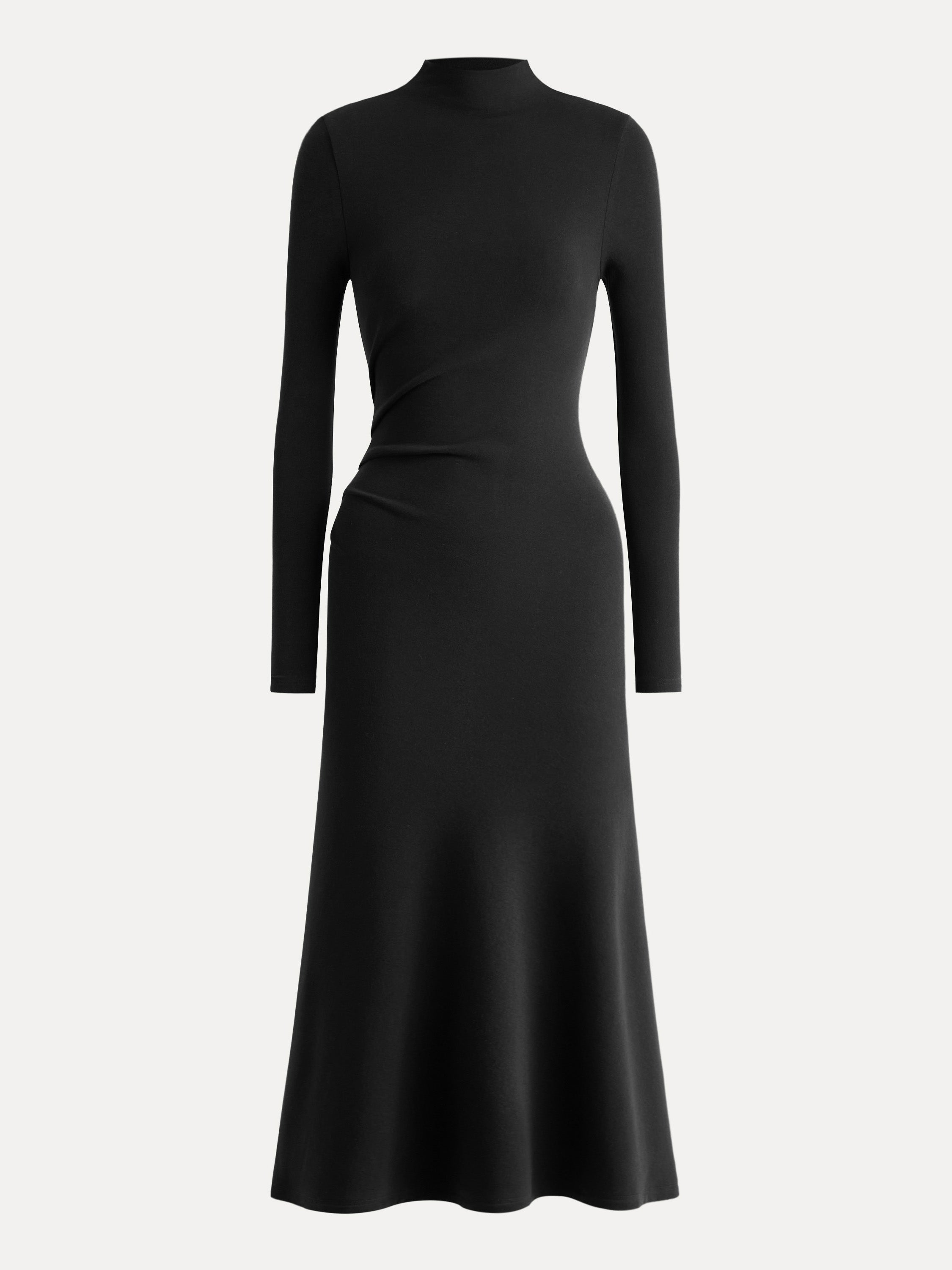 ProWarm Long Sleeves Mockneck Tucks Midi Dress Midnight Navy – Women > Dresses > Midi Dresses | FormaLuxe