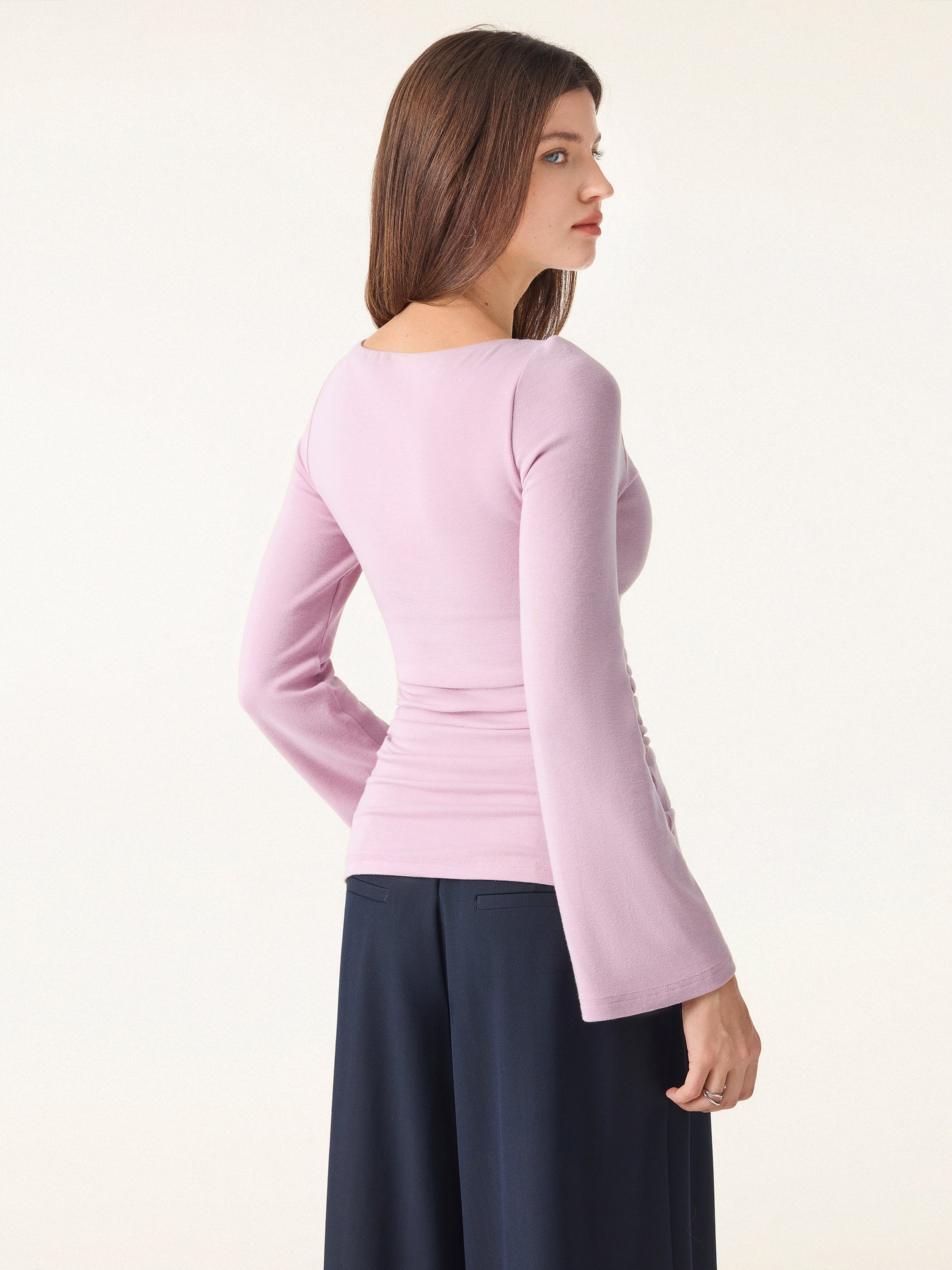 Boatneck Bell Sleeves Ruched Brami Top Opera Mauve – Women > Tops > Bra Tops | FormaLuxe