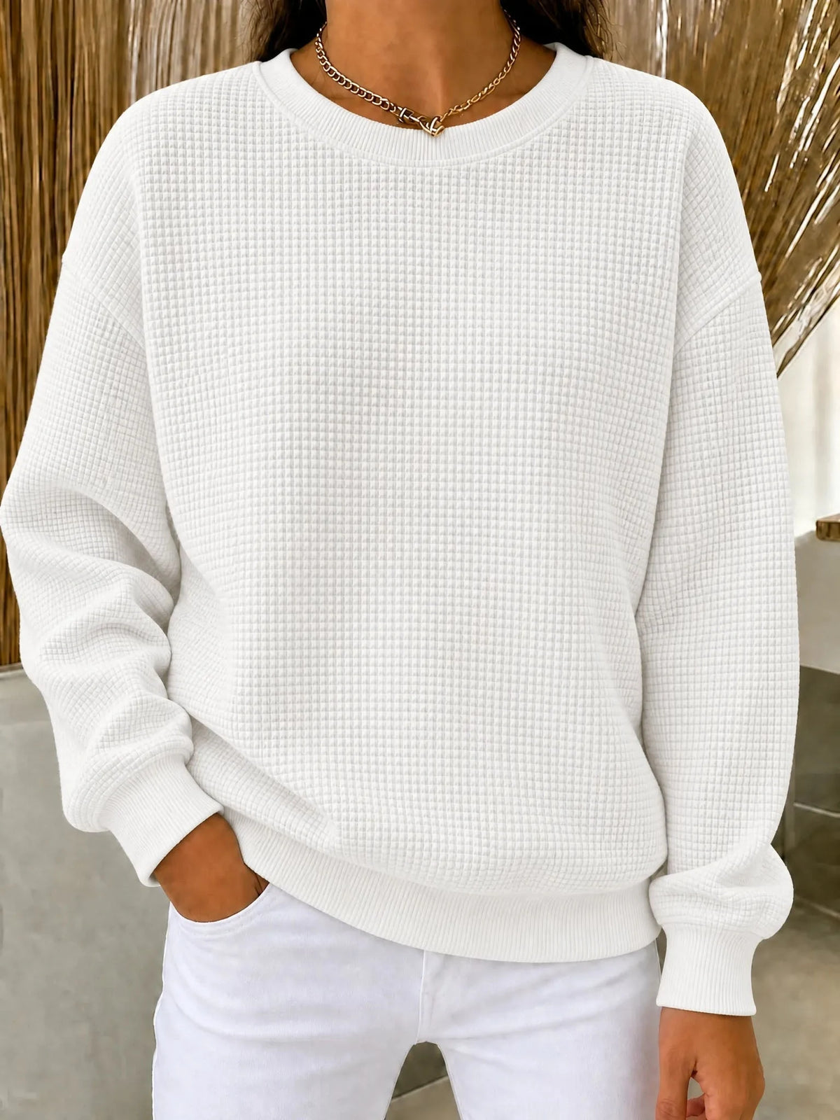Waffelstrick-Pullover Damen Mila in Weiß – Waffelstruktur und Rundhalsausschnitt | FormaLuxe