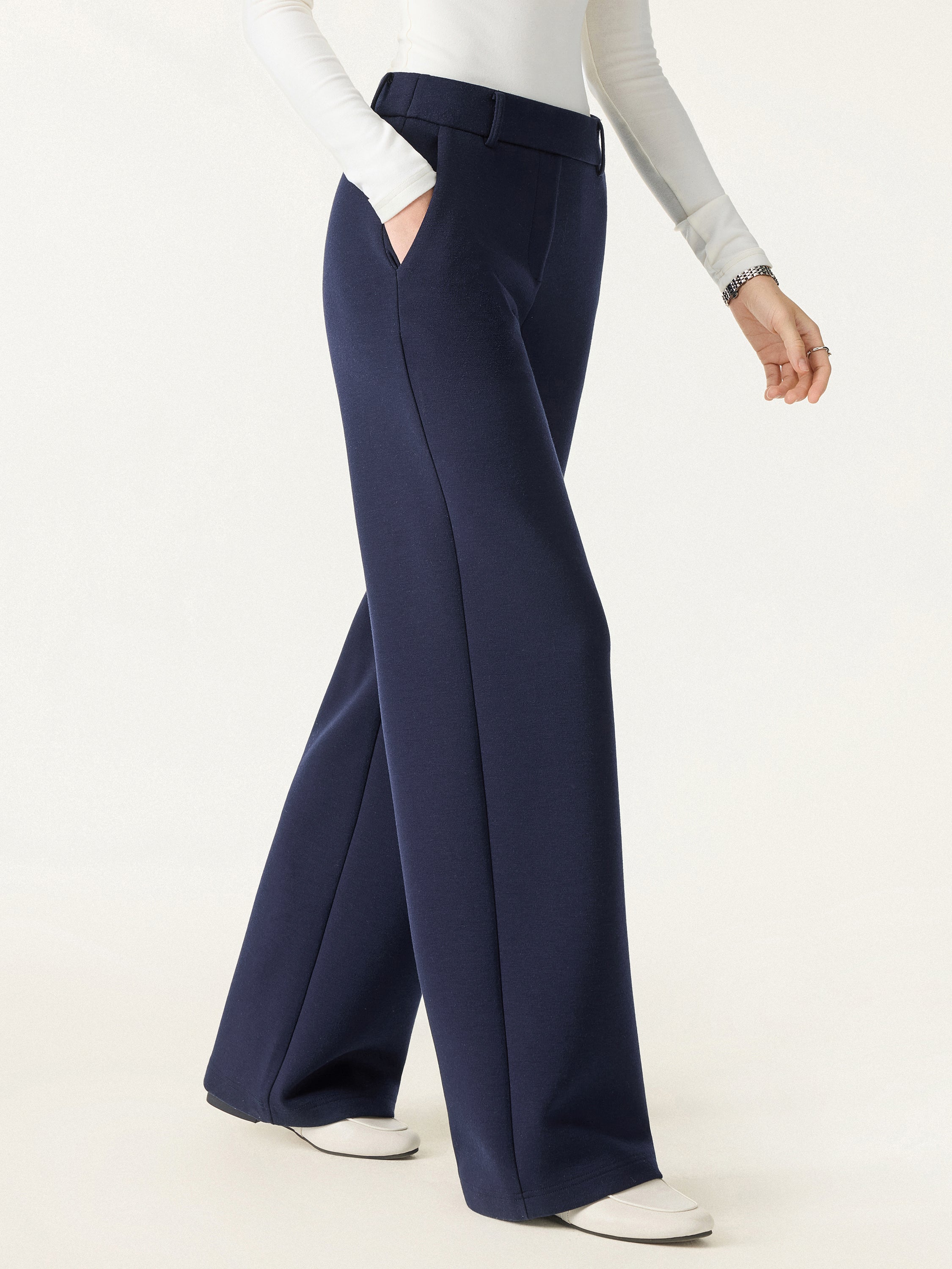 Stretchy Mid Rise Straight Leg Pull-on Pants with Pockets Universe Navy – Women > Bottoms > Pants | FormaLuxe
