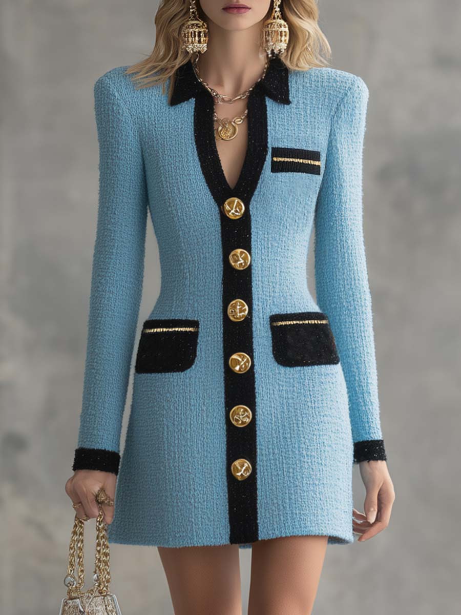 Vintage-Klassiker mit V-Ausschnitt, Metallknöpfen vorne, schwarzer Verzierung und himmelblauem Tweed-Minikleid – Mini Dresses | FormaLuxe