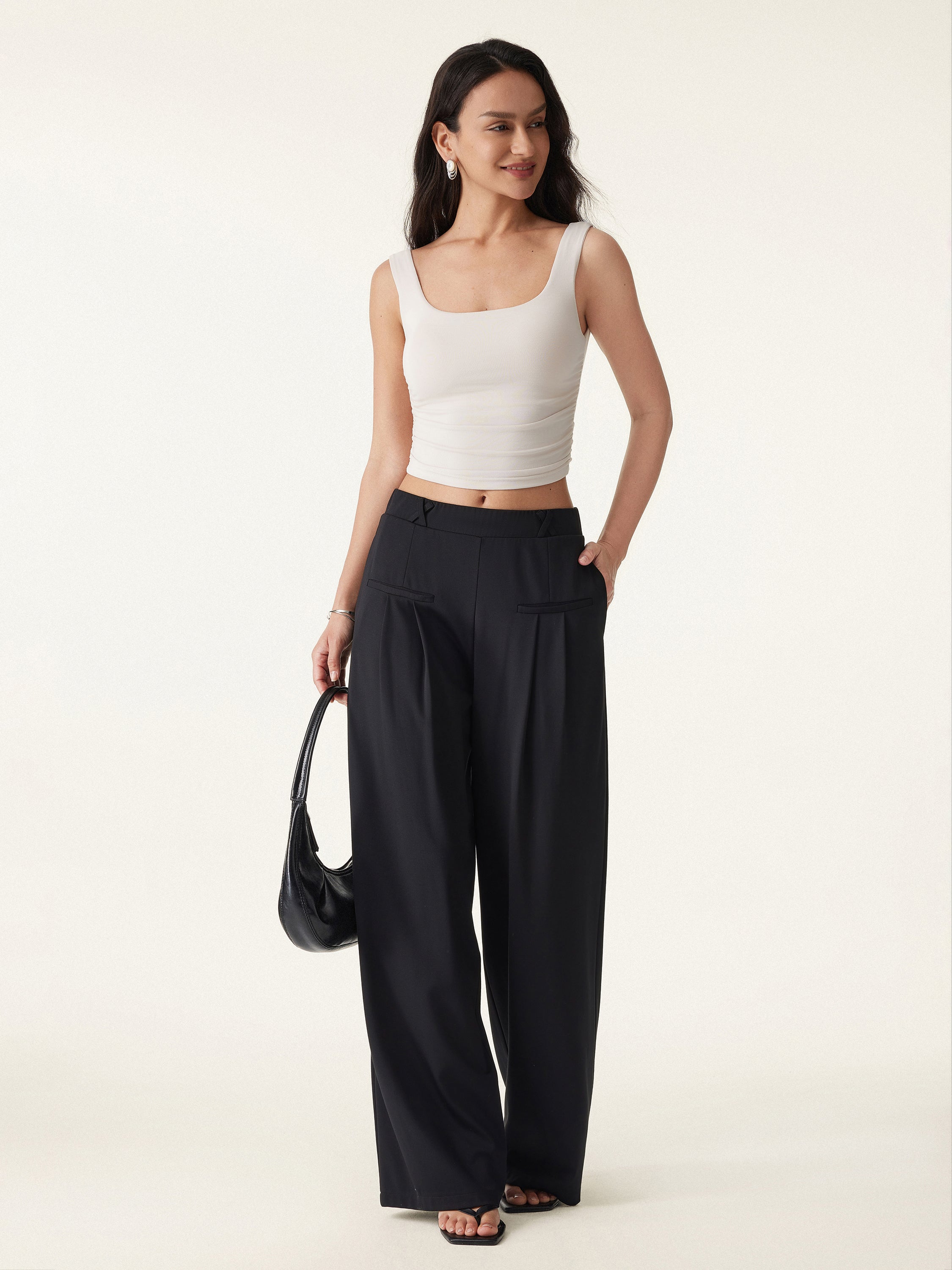 Drapey Bamboo Ponte Mid Rise Wide Leg Trouser with Pockets Black – Women > Bottoms > Pants | FormaLuxe
