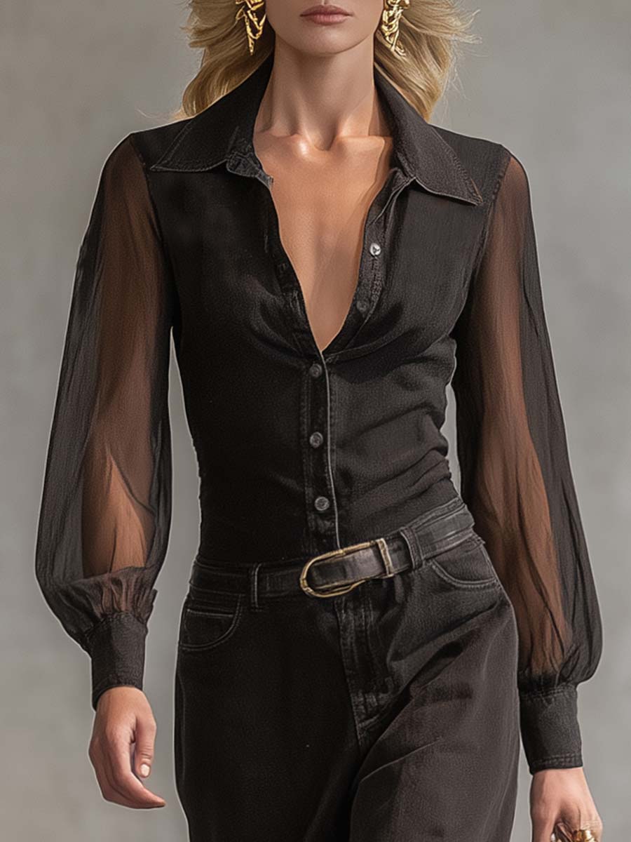 Denim-Maxikleid in Schwarz — V-Ausschnitt, lange Ärmel Black – Maxi Dresses | FormaLuxe