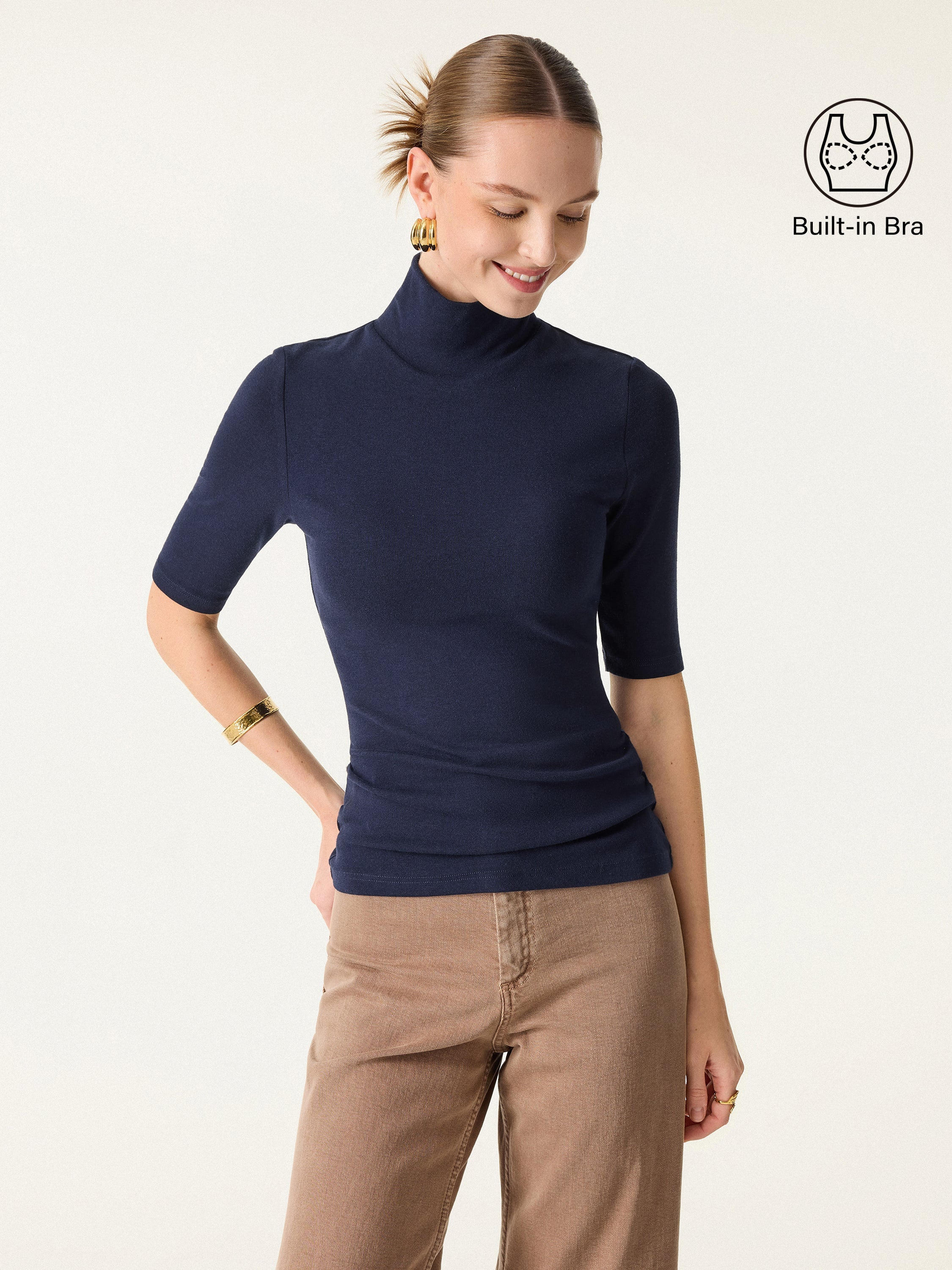 Essential Turtleneck Elbow Length Sleeve Brami Midnight Navy – Women > Tops > Bra Tops | FormaLuxe