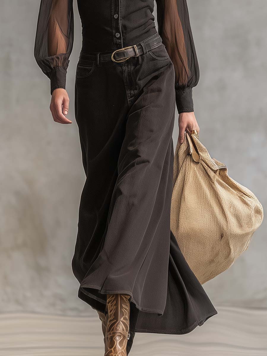 Denim-Maxikleid in Schwarz — V-Ausschnitt, lange Ärmel Black – Maxi Dresses | FormaLuxe
