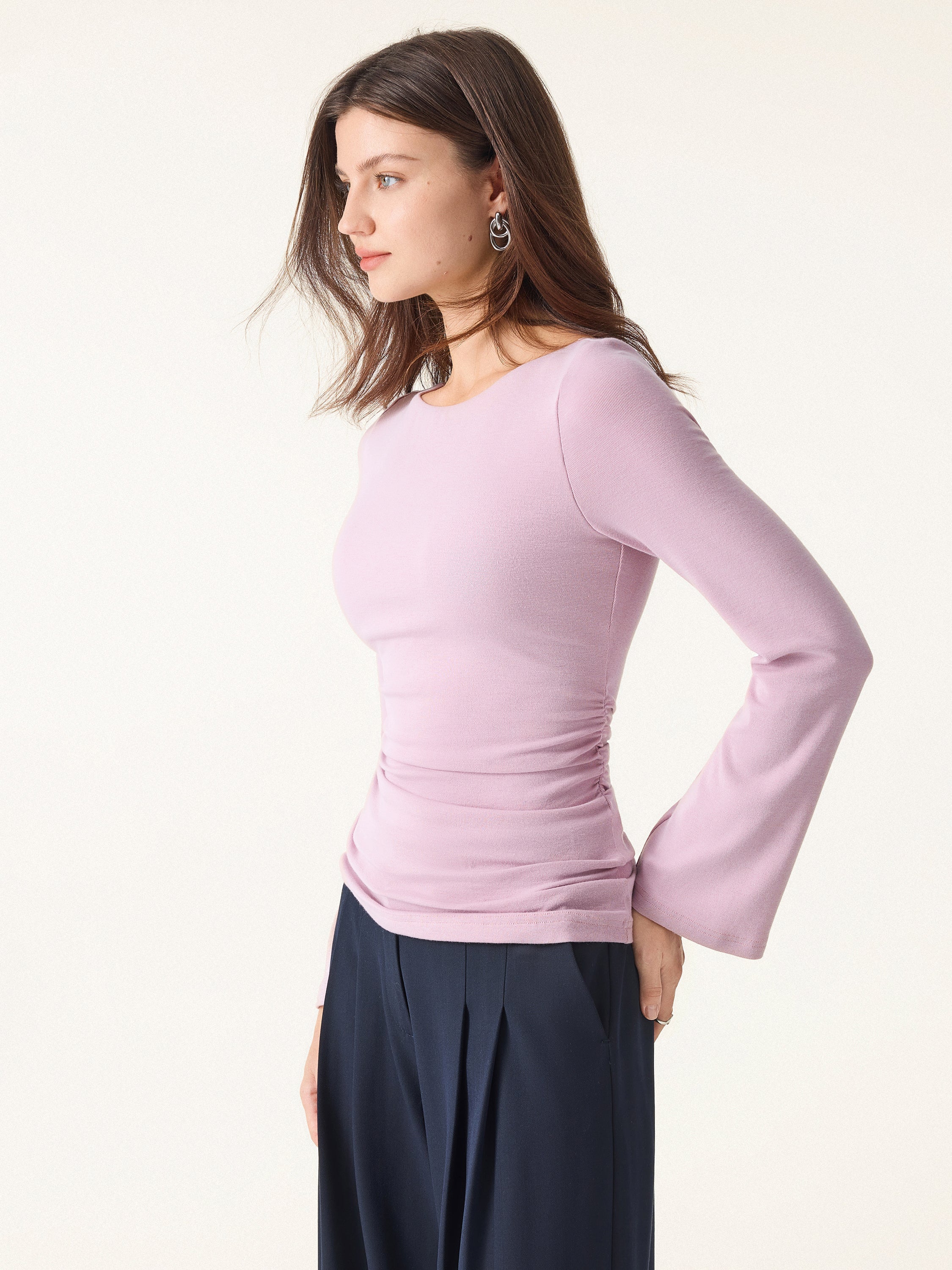 Boatneck Bell Sleeves Ruched Brami Top Opera Mauve – Women > Tops > Bra Tops | FormaLuxe