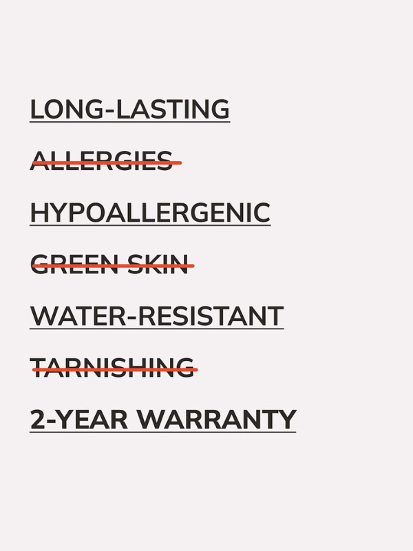 Golden Drop: englische Werbegrafik mit Angaben zu Haltbarkeit, Hypoallergenität, Wasserbeständigkeit und zweijähriger Garantie.