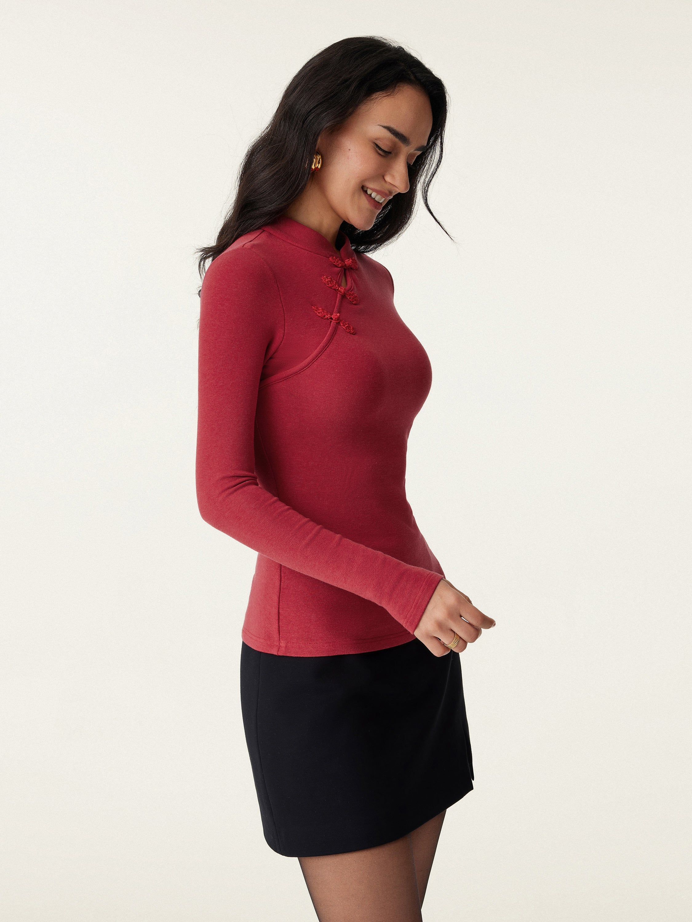 Mandarin Collar Asymmetric Frog Button Brami Top Limited Edition Christmas Red – Women > Tops > Bra Tops | FormaLuxe