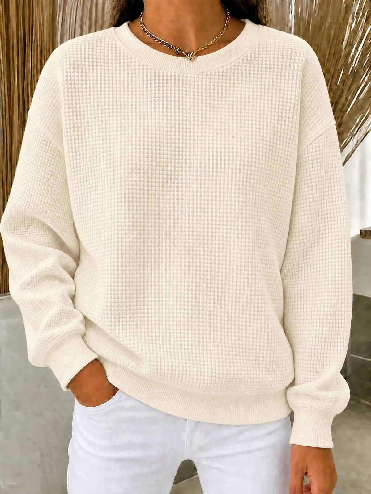 Waffelstrick-Pullover Damen Mila in Beige – Waffelstruktur und Rundhalsausschnitt | FormaLuxe