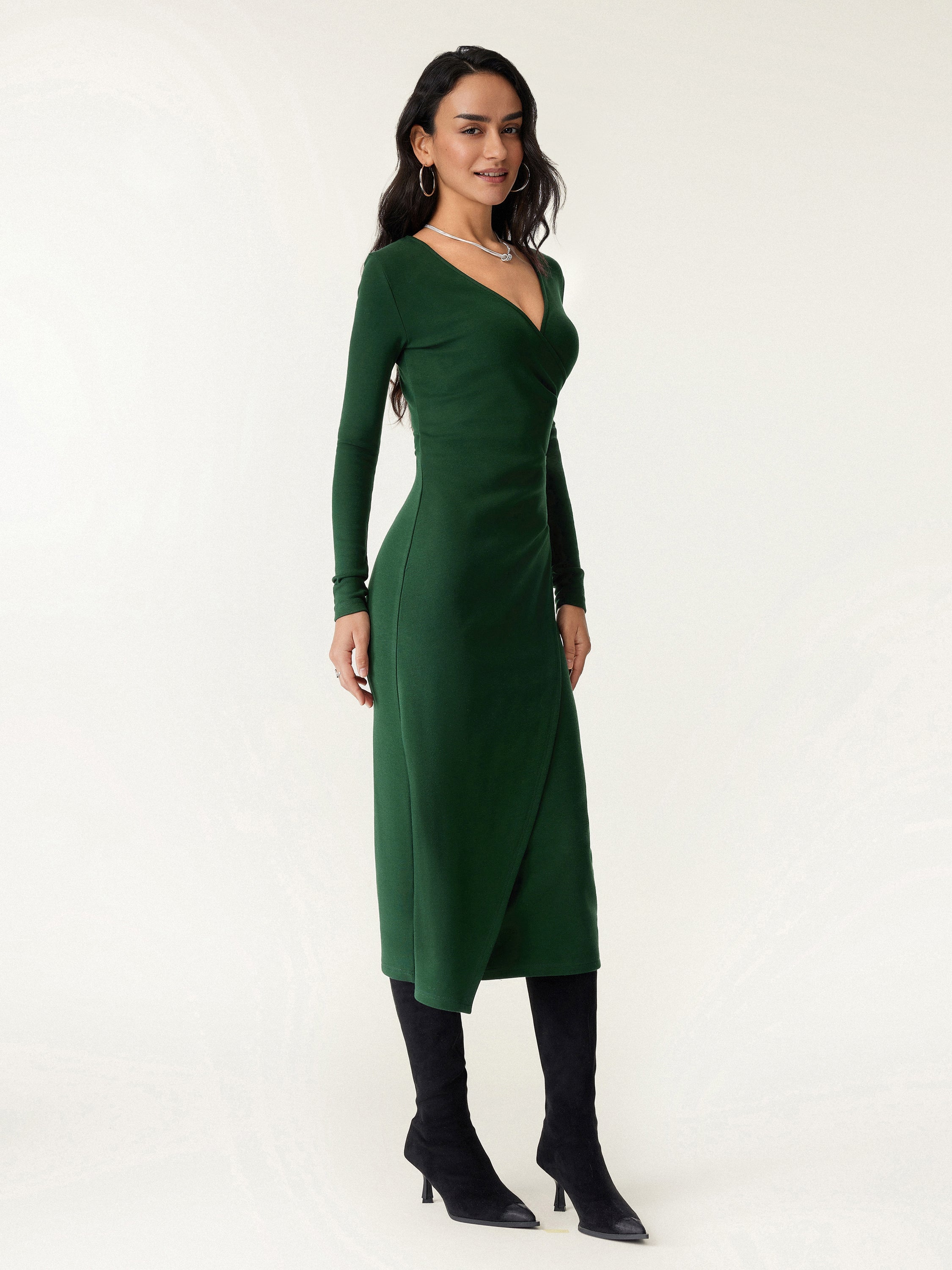Surplice Wrap Long Sleeve Dress Bush Green – Women > Dresses > Midi Dresses | FormaLuxe