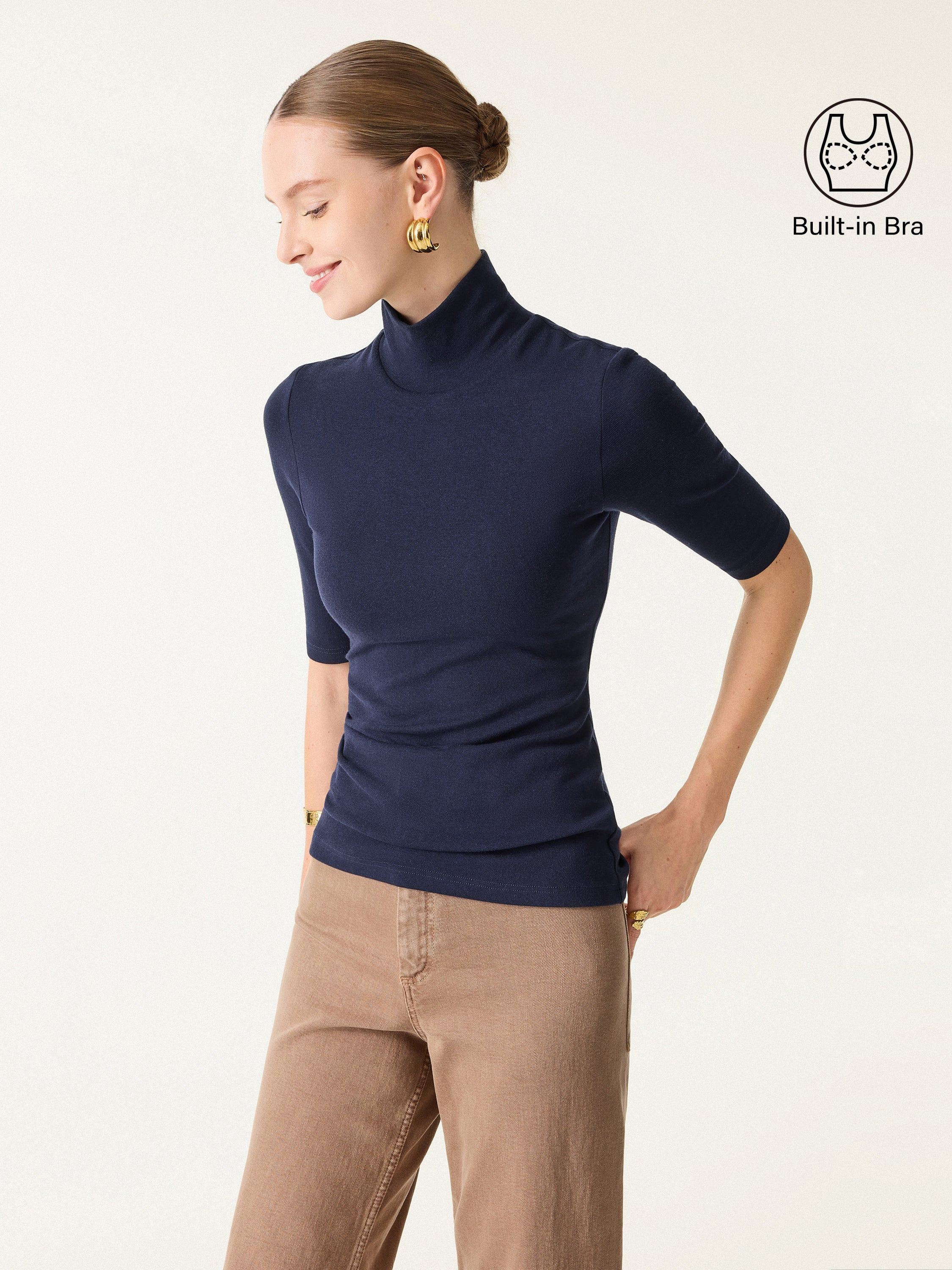 Essential Turtleneck Elbow Length Sleeve Brami Midnight Navy – Women > Tops > Bra Tops | FormaLuxe